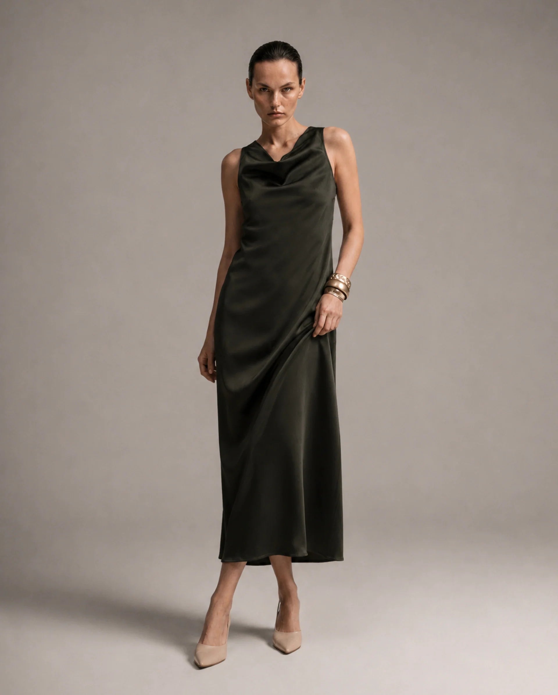 Rareism Women's Addina Olive Polyester Cowl Neck Pull-On Bodycon Plain Dress