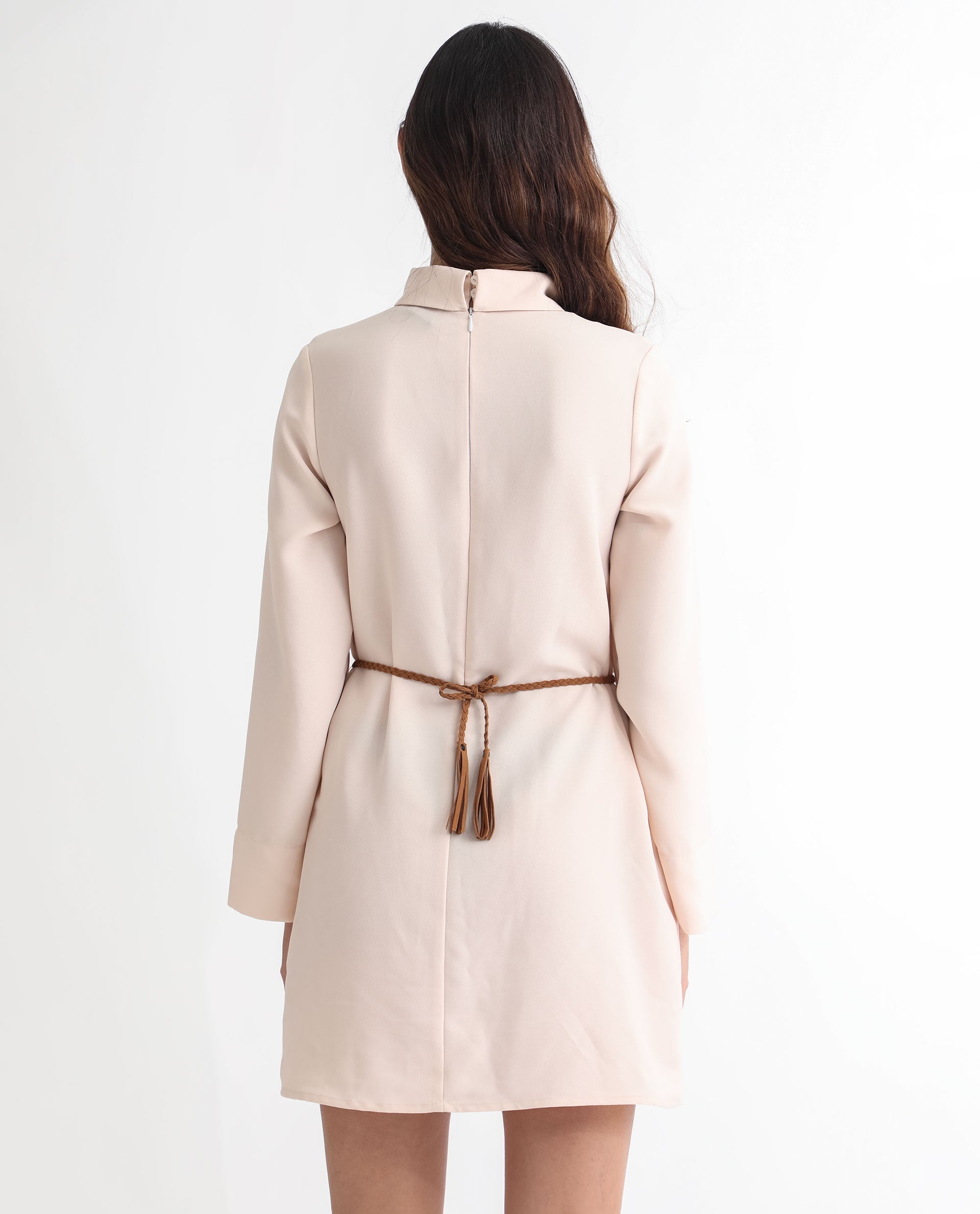 Rareism Women's Adler Light Beige Polyester Choker Neck Plain Mini Tailored Dress