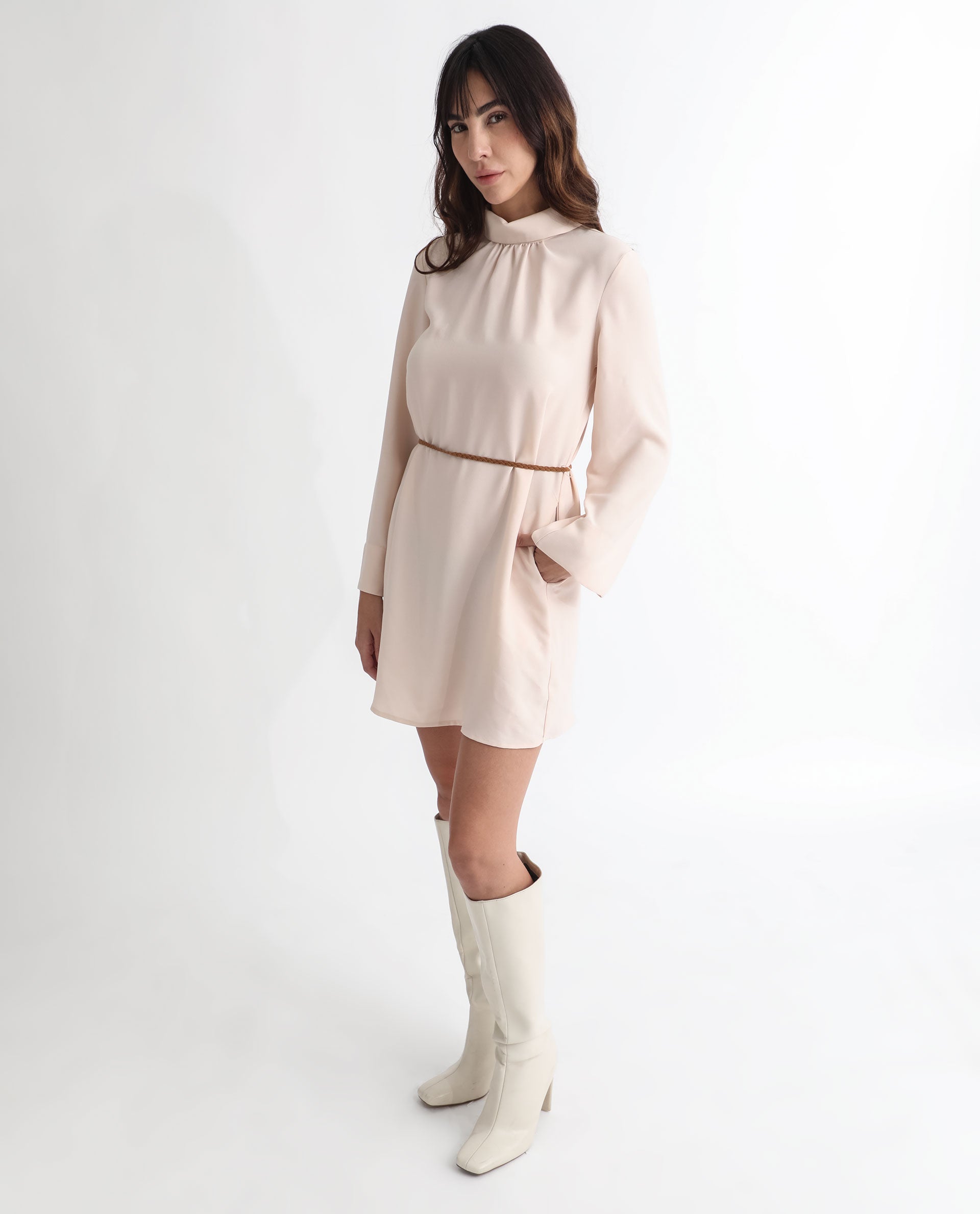 Rareism Women's Adler Light Beige Polyester Choker Neck Plain Mini Tailored Dress