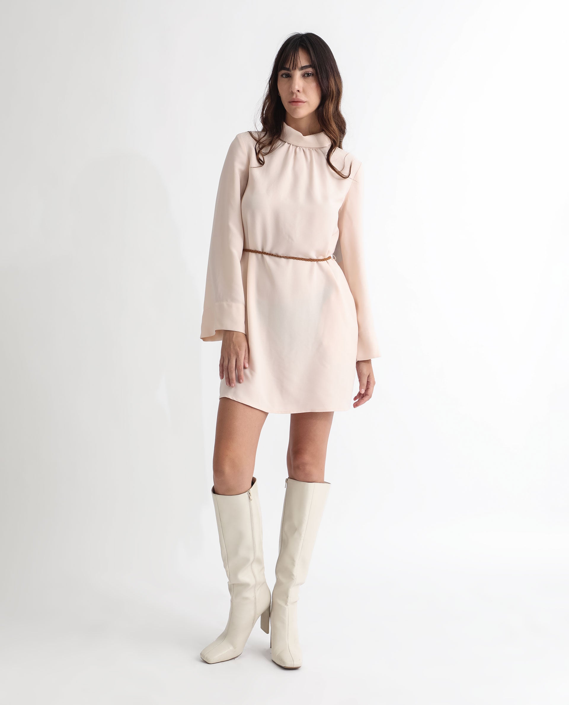 Rareism Women's Adler Light Beige Polyester Choker Neck Plain Mini Tailored Dress