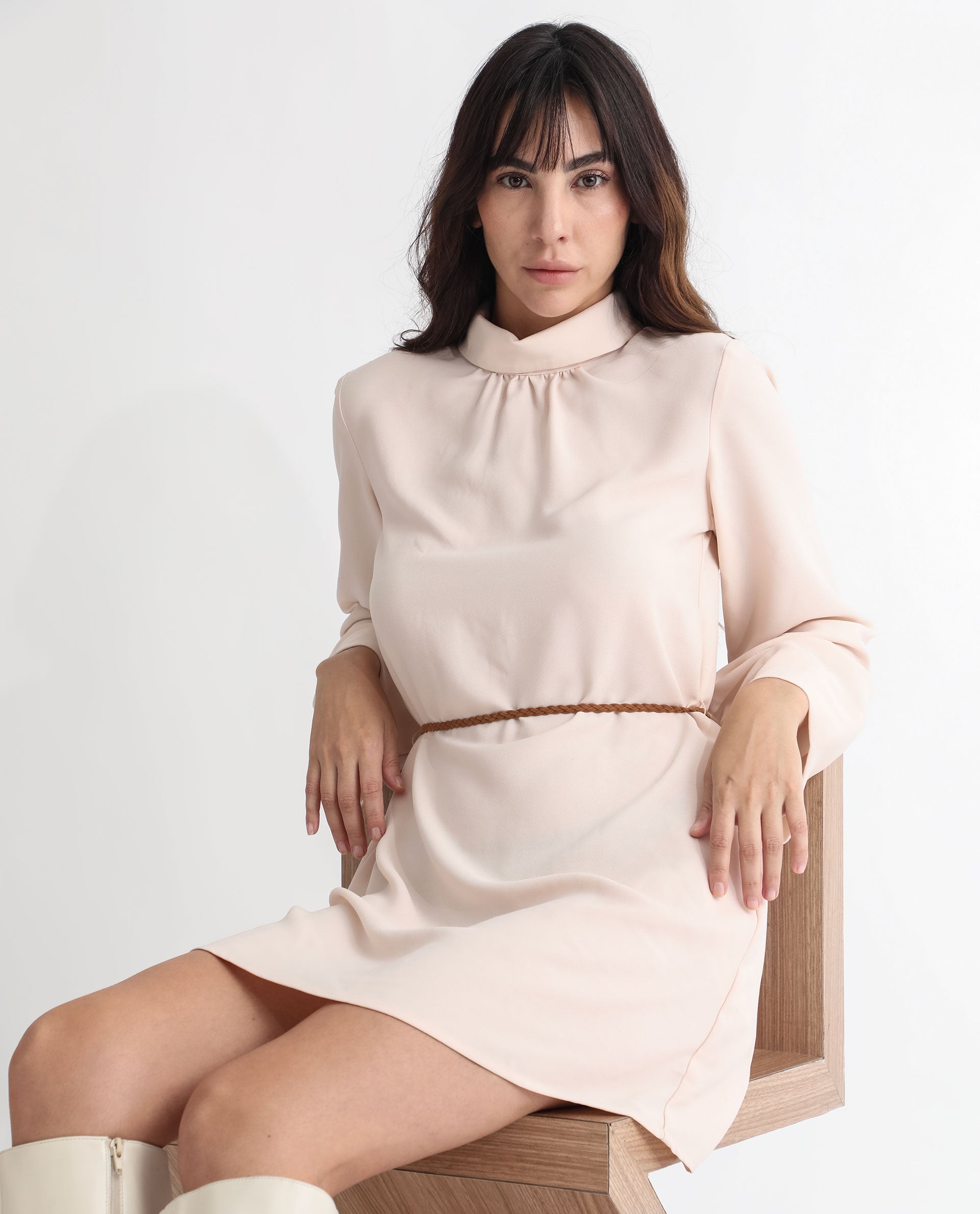 Rareism Women's Adler Light Beige Polyester Choker Neck Plain Mini Tailored Dress