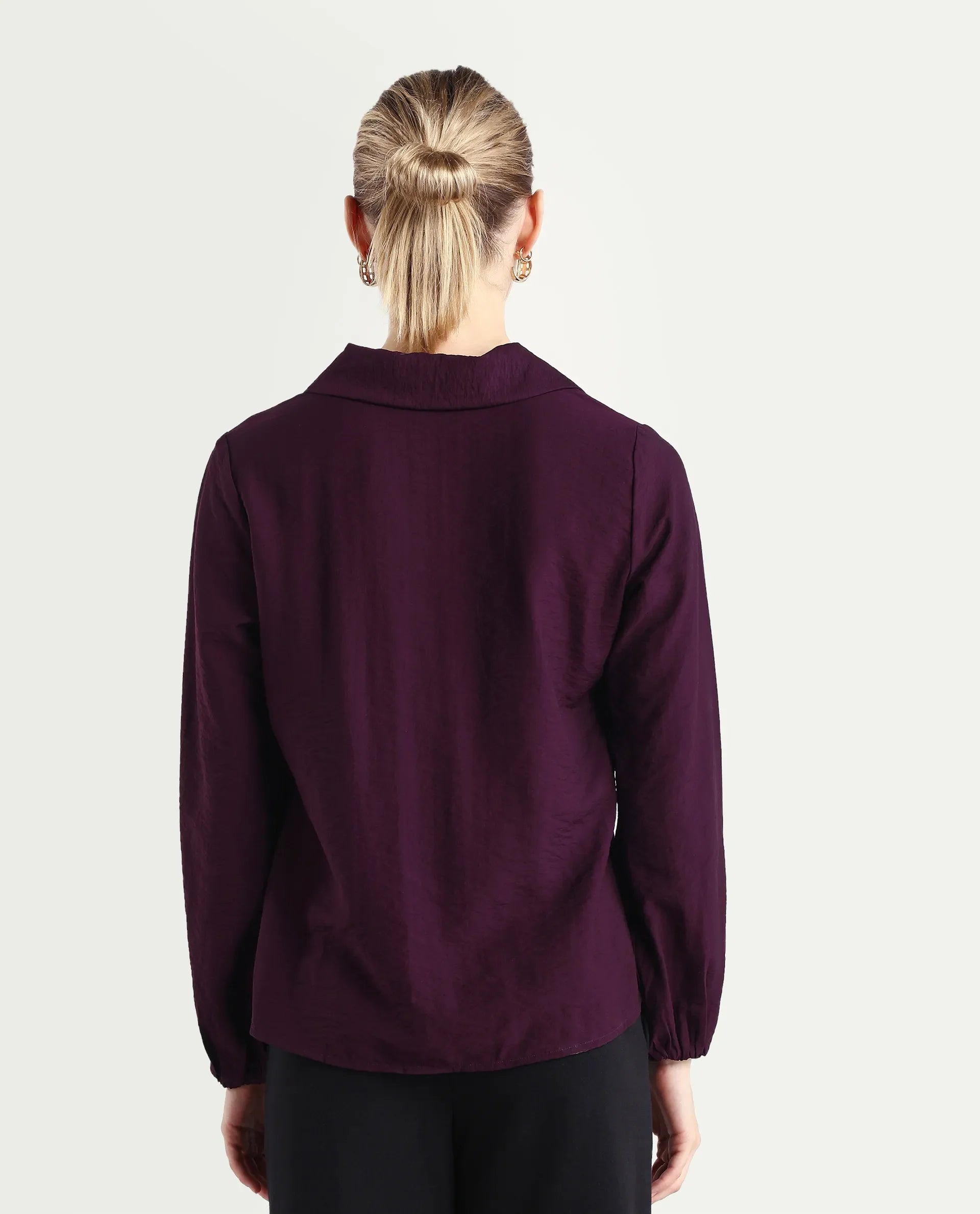 Rareism Women's Aeron Maroon Viscose Blend Full Sleeve Regular Fit Plain Top