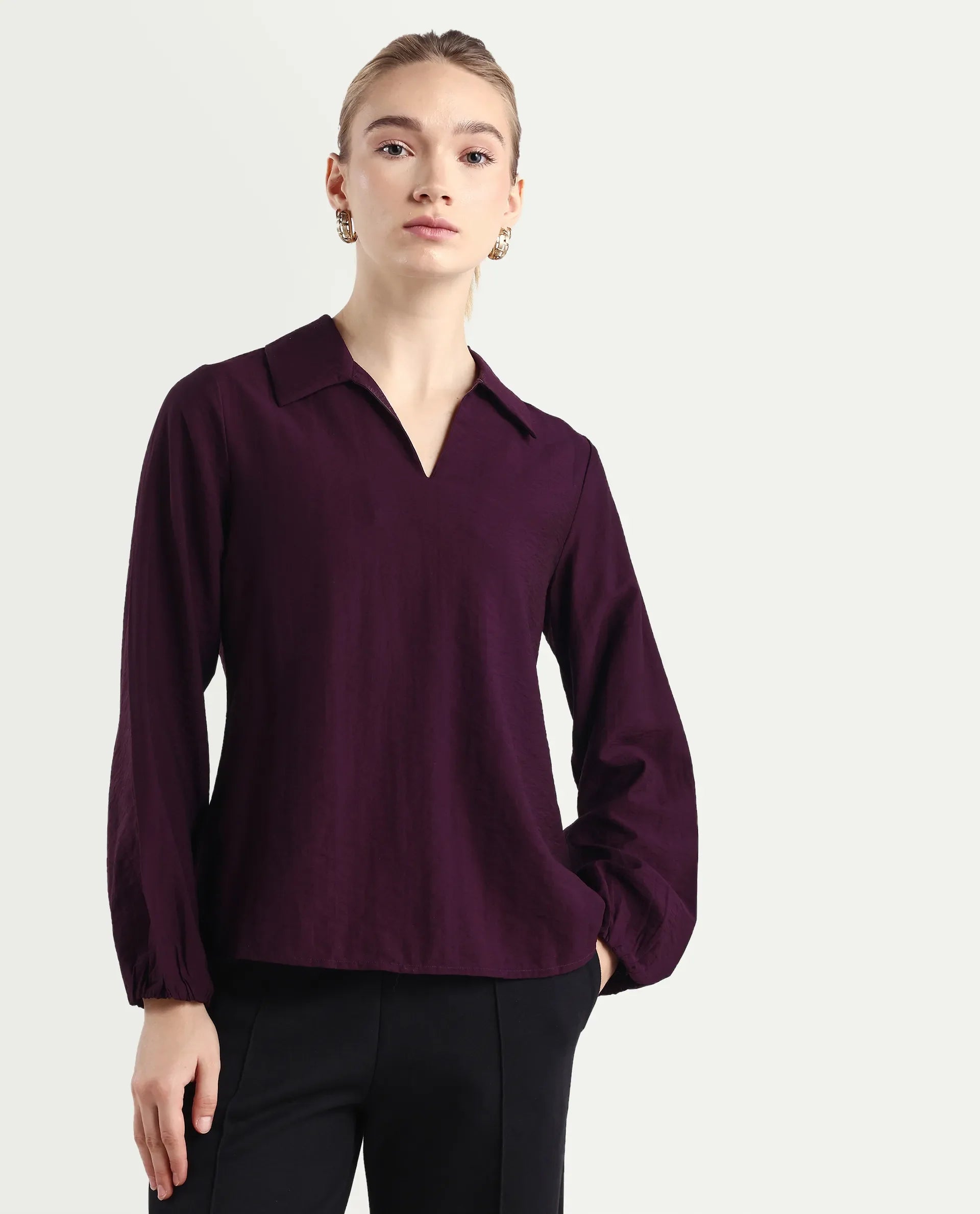 Rareism Women's Aeron Maroon Viscose Blend Full Sleeve Regular Fit Plain Top