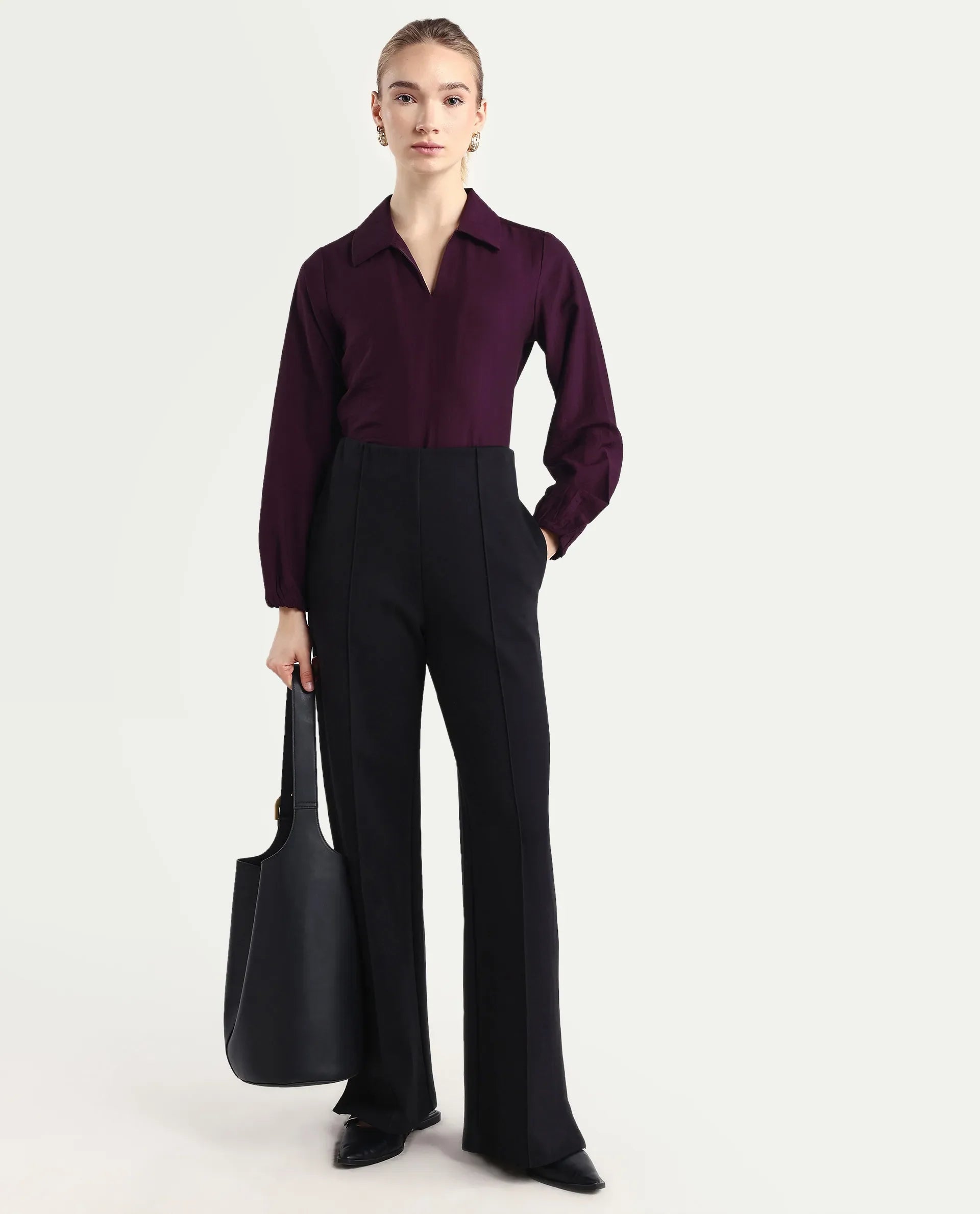 Rareism Women's Aeron Maroon Viscose Blend Full Sleeve Regular Fit Plain Top