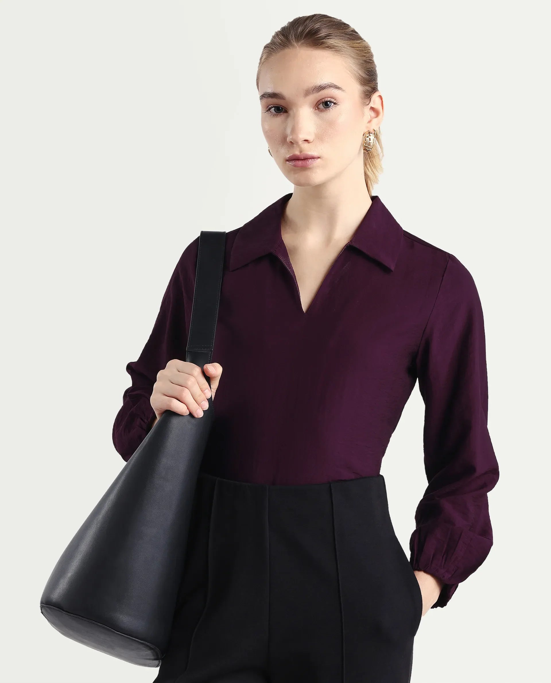 Rareism Women's Aeron Maroon Viscose Blend Full Sleeve Regular Fit Plain Top