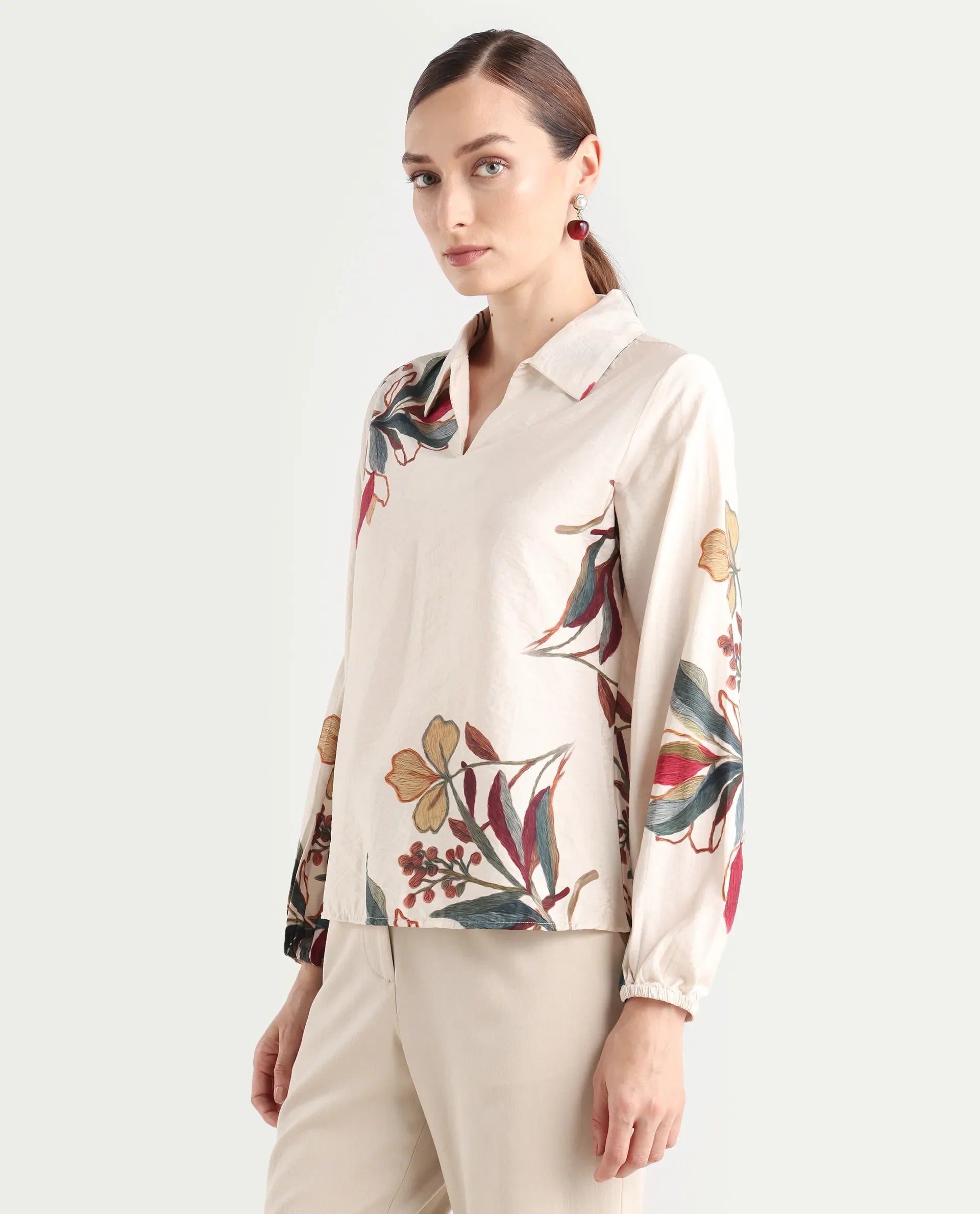 Rareism Women's Aero Beige Viscose Blend Spread Collar Regular Abstract Print Top