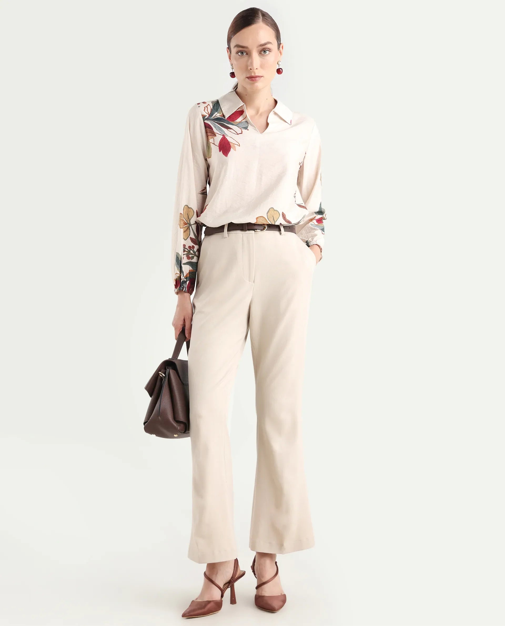 Rareism Women's Aero Beige Viscose Blend Spread Collar Regular Abstract Print Top