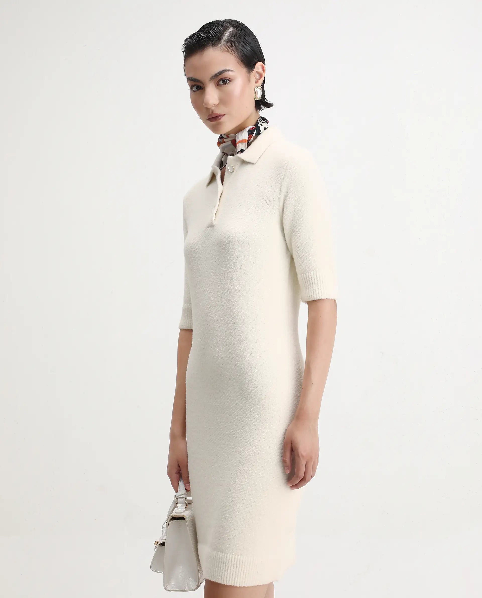 Rareism Women's Afchen Off White Nylon Spread Collar Regular Fit Plain Dress