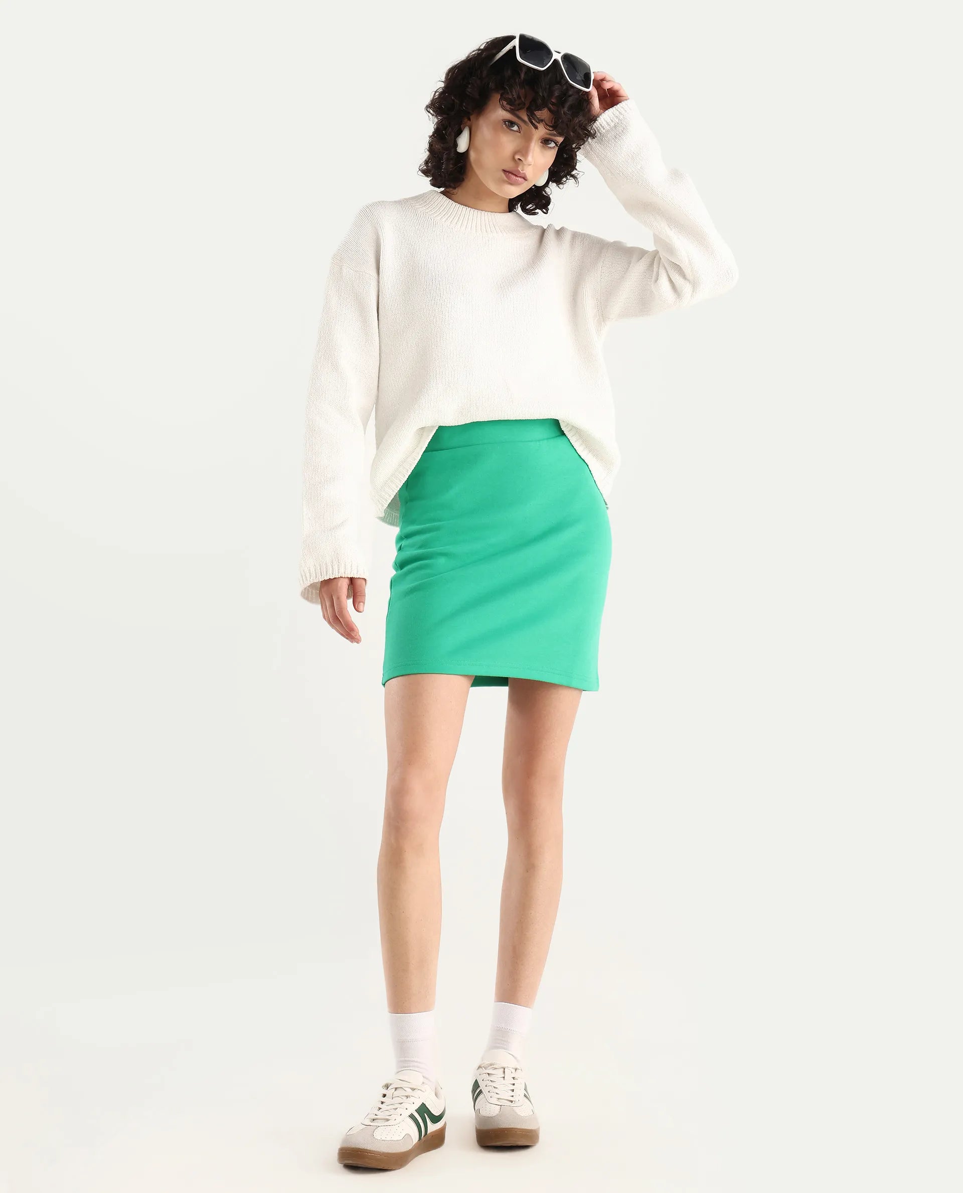 Rareism Women's Afkor B Green Cotton Plain Mini Regular Fit Skirt