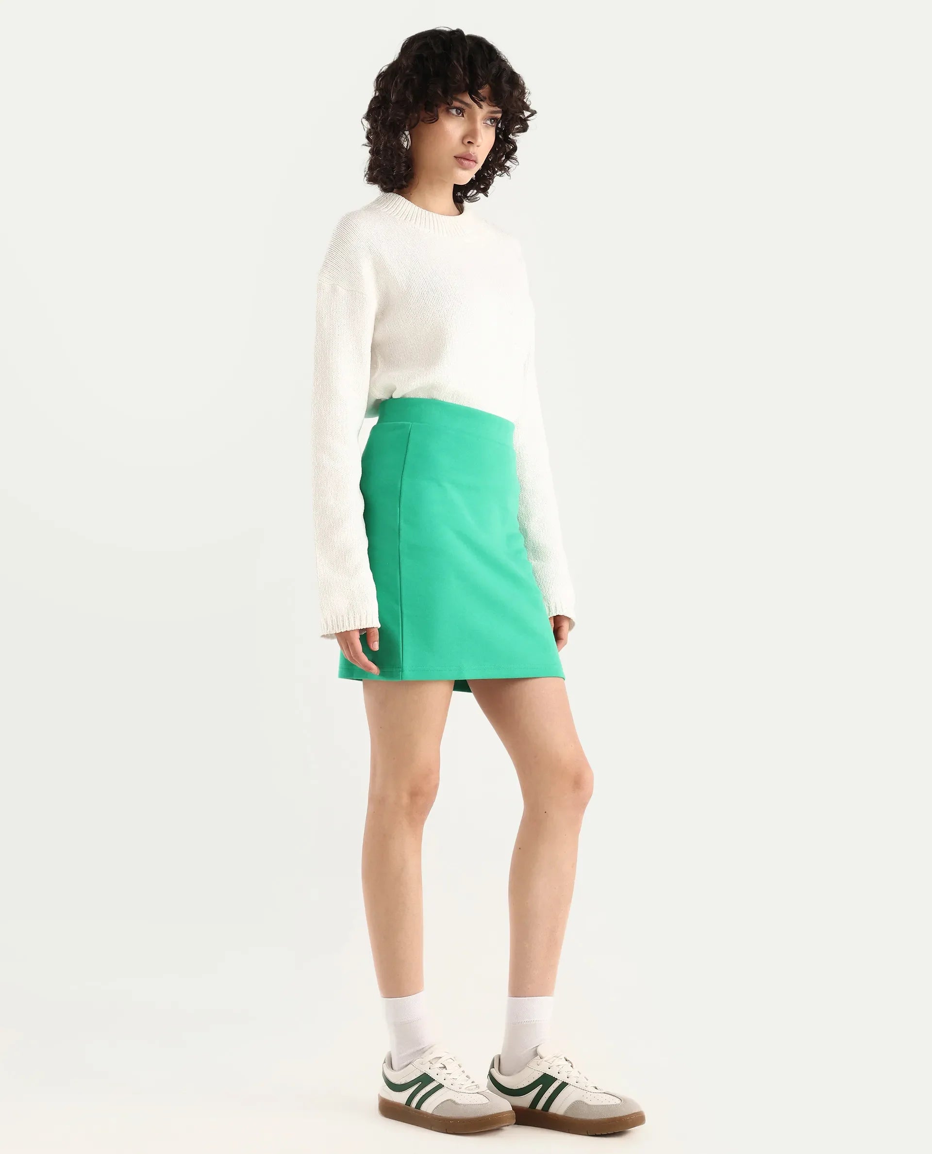 Rareism Women's Afkor B Green Cotton Plain Mini Regular Fit Skirt