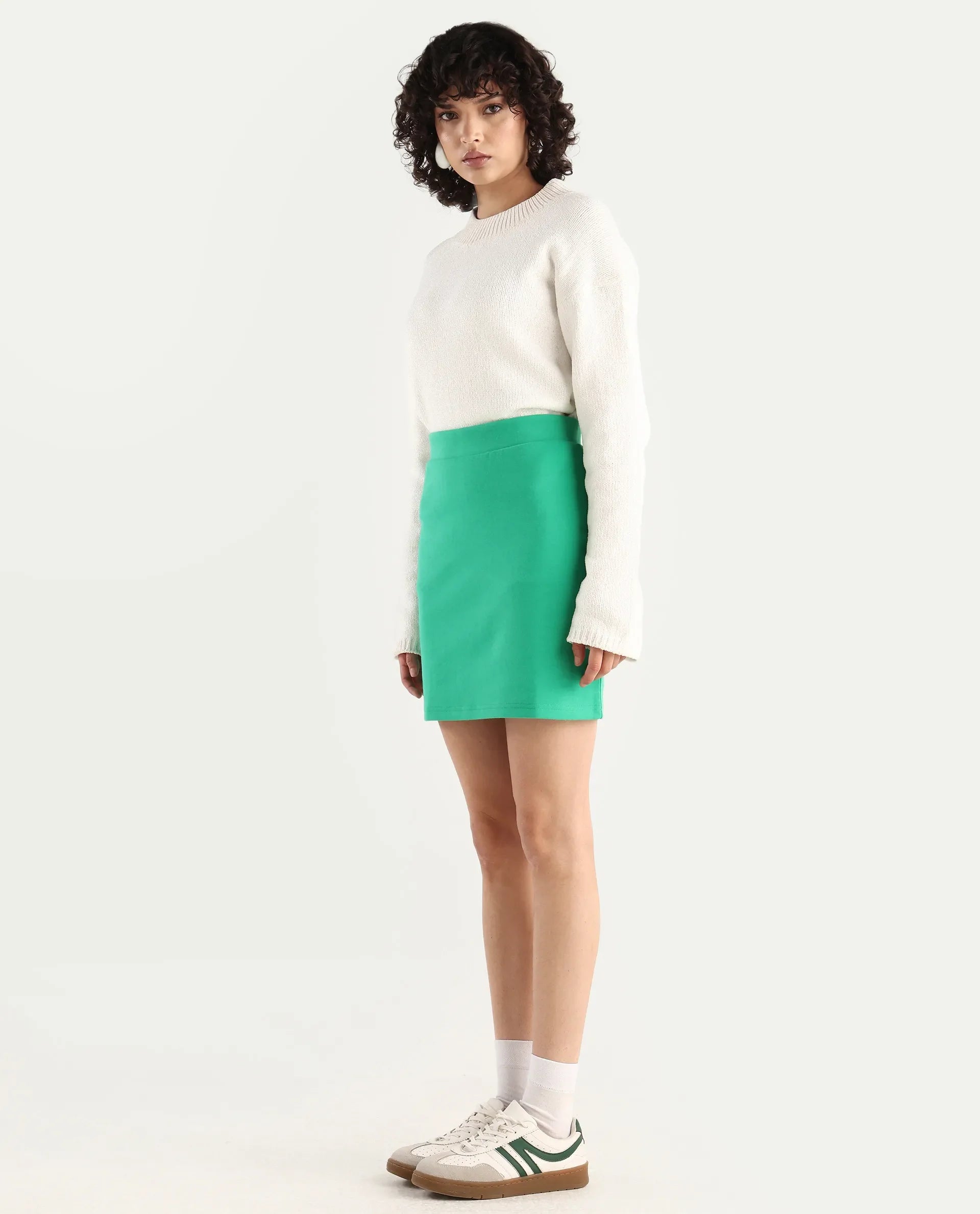 Rareism Women's Afkor B Green Cotton Plain Mini Regular Fit Skirt