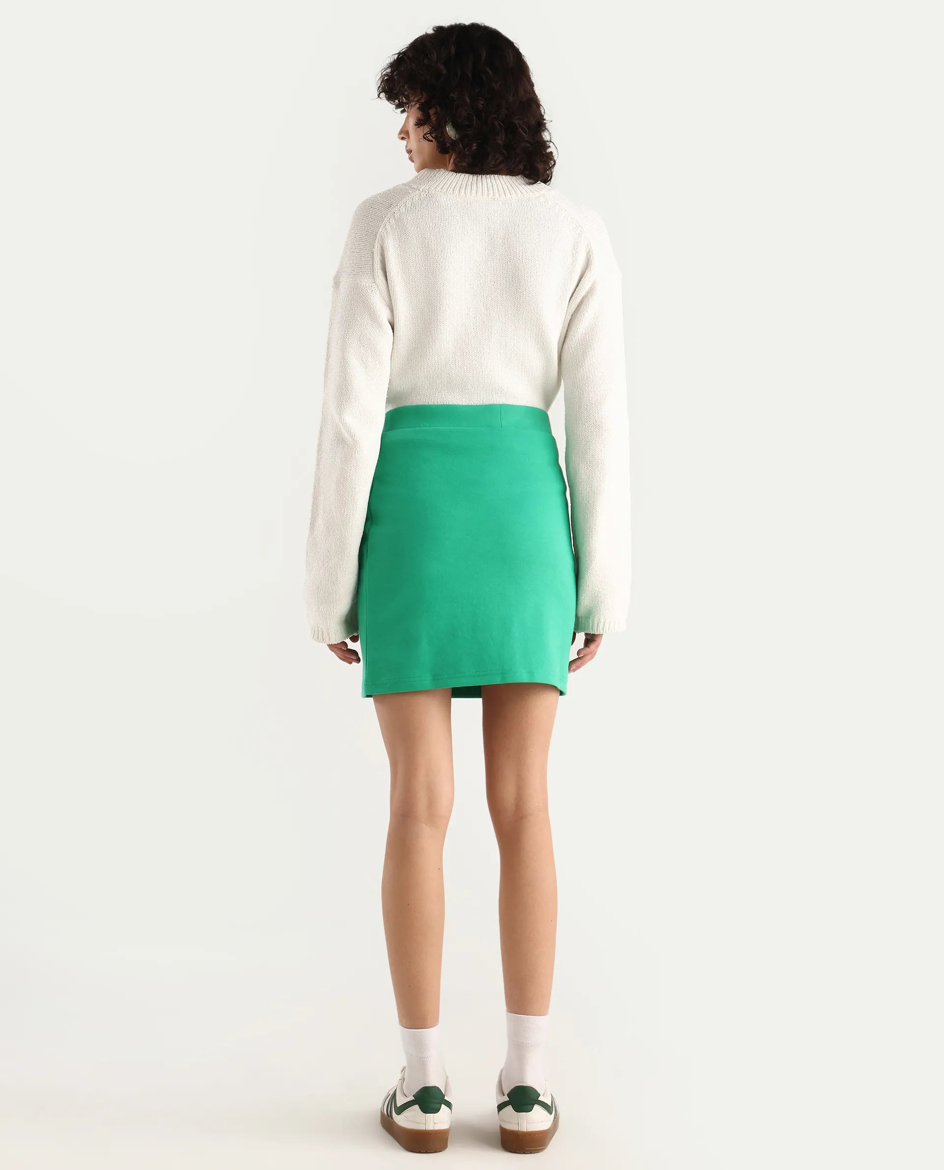 Rareism Women's Afkor B Green Cotton Plain Mini Regular Fit Skirt