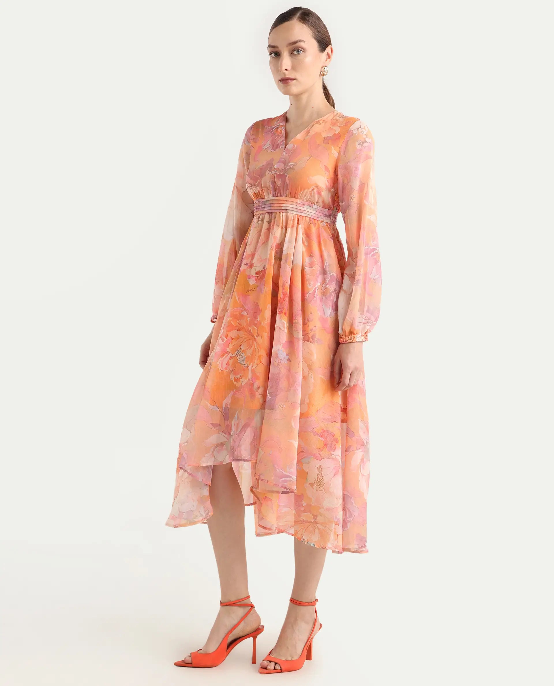 Rareism Women's Afriko Light Multi Polyester V-Neck Fit And Flare Floral Print Dress