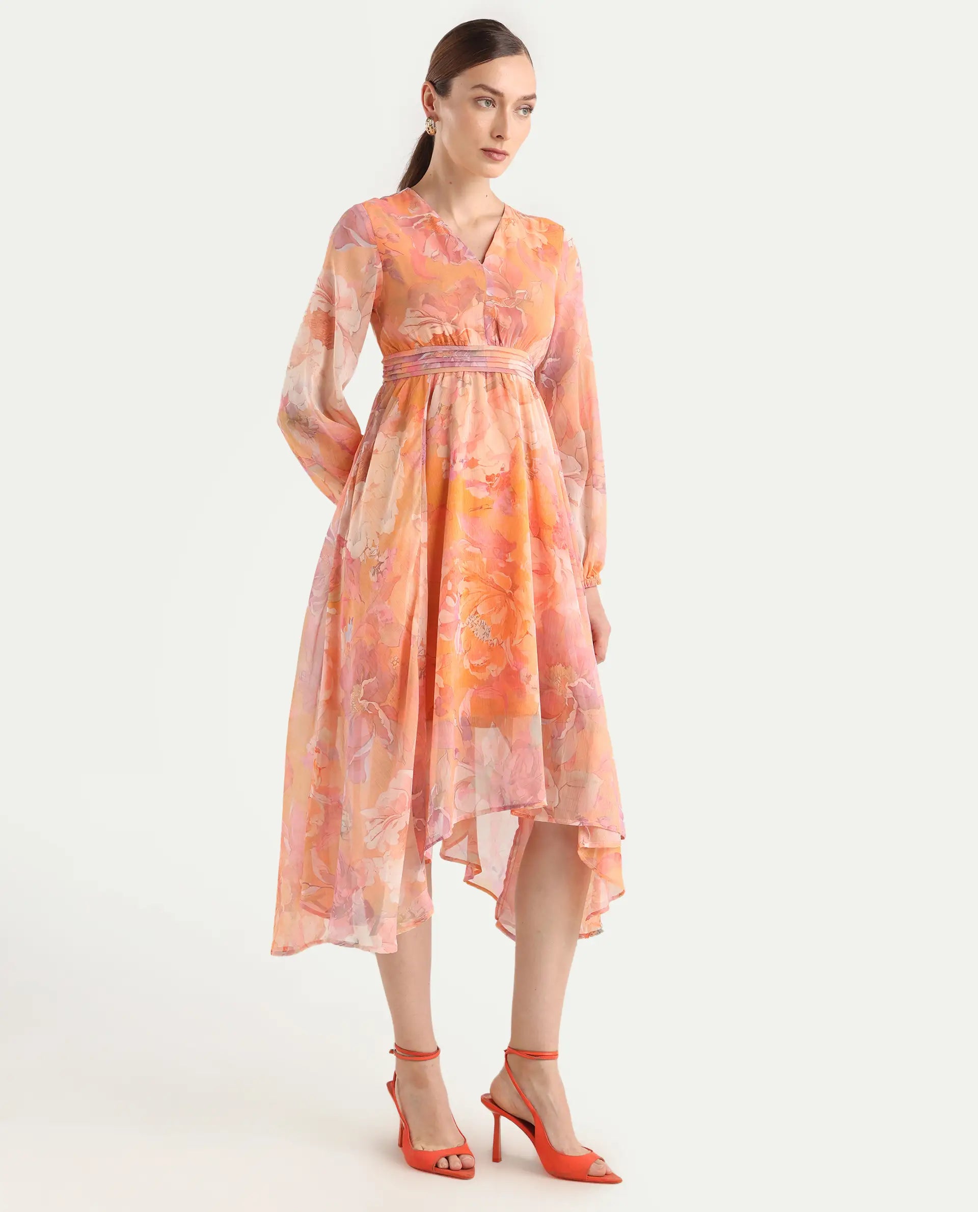 Rareism Women's Afriko Light Multi Polyester V-Neck Fit And Flare Floral Print Dress