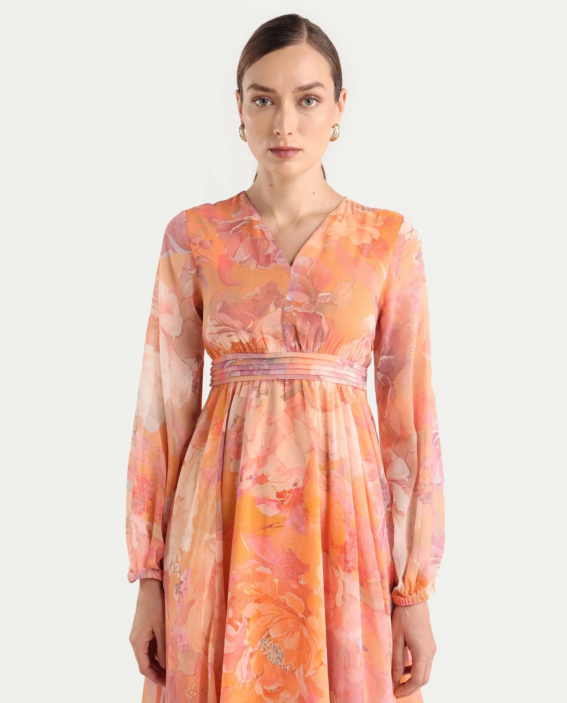 Rareism Women's Afriko Light Multi Polyester V-Neck Fit And Flare Floral Print Dress