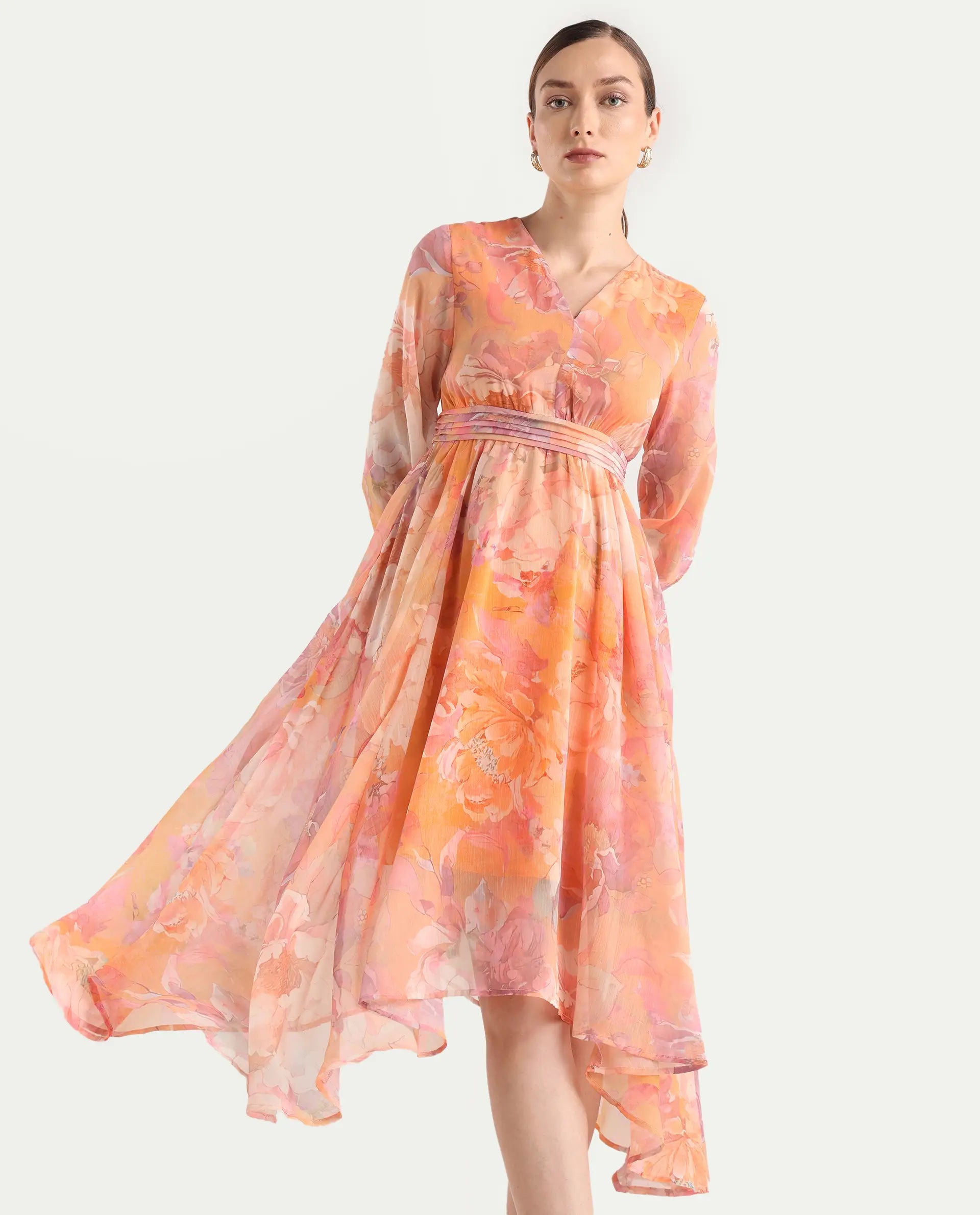 Rareism Women's Afriko Light Multi Polyester V-Neck Fit And Flare Floral Print Dress