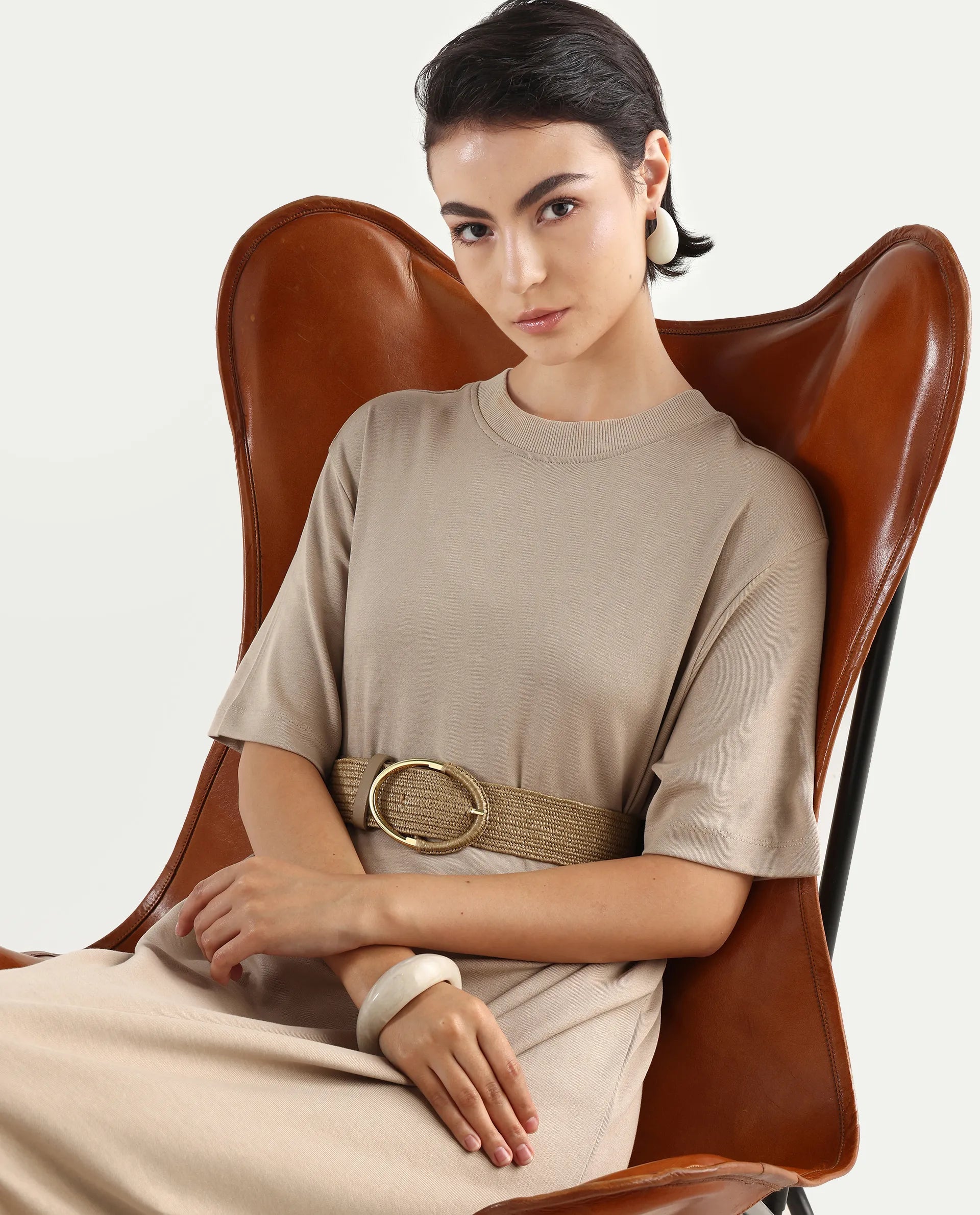 Rareism Women's Afrinca - Beige Cotton Blend Crew Neck Plain Maxi Relaxed Fit Dress