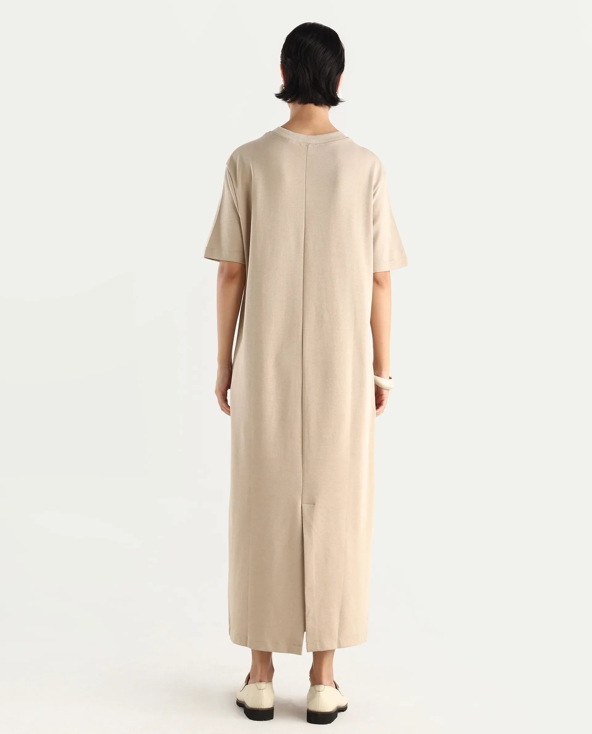 Rareism Women's Afrinca - Beige Cotton Blend Crew Neck Plain Maxi Relaxed Fit Dress