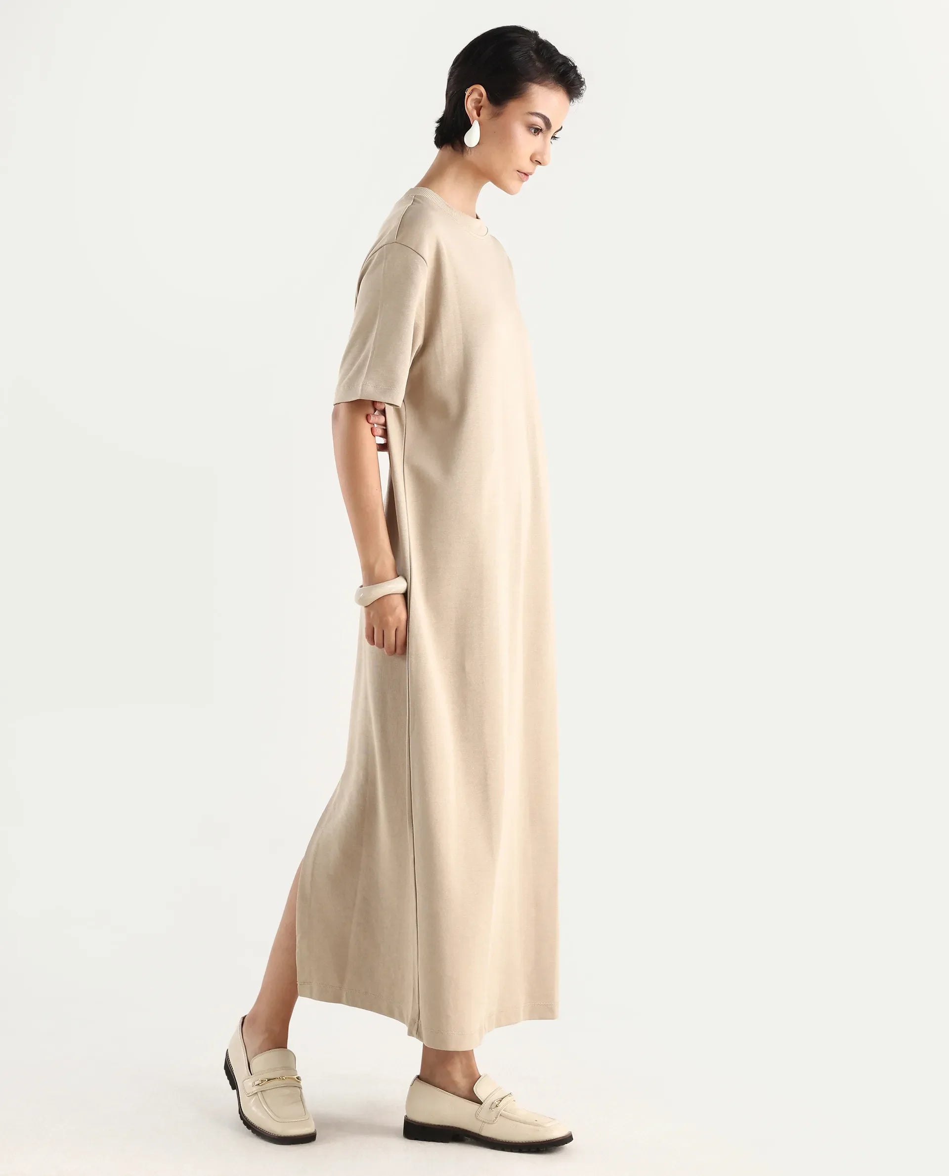 Rareism Women's Afrinca - Beige Cotton Blend Crew Neck Plain Maxi Relaxed Fit Dress