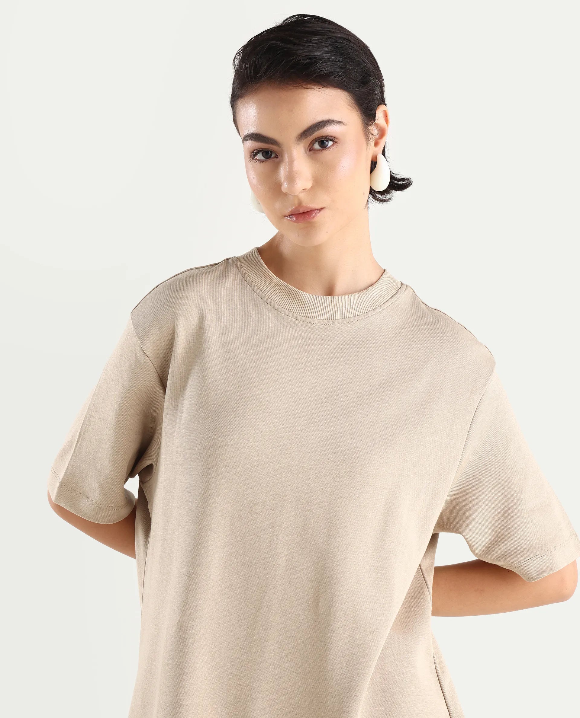 Rareism Women's Afrinca - Beige Cotton Blend Crew Neck Plain Maxi Relaxed Fit Dress