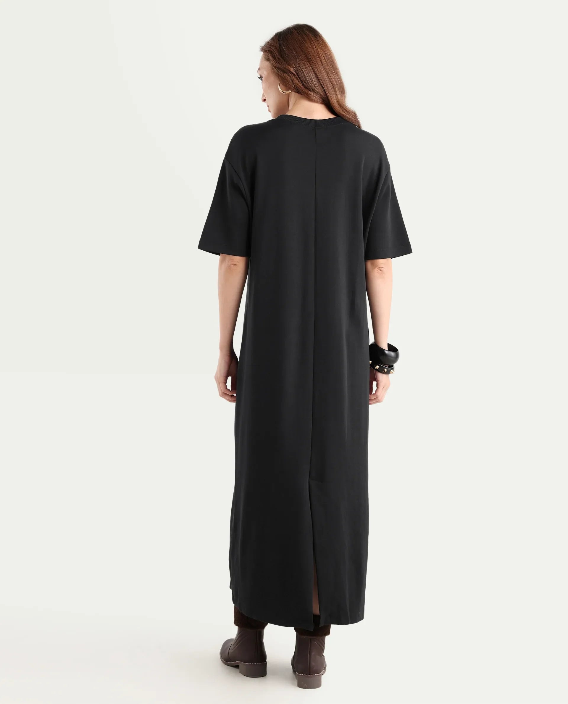 Rareism Women's Afrinca Black Cotton Blend Crew Neck Plain Maxi Relaxed Fit Dress
