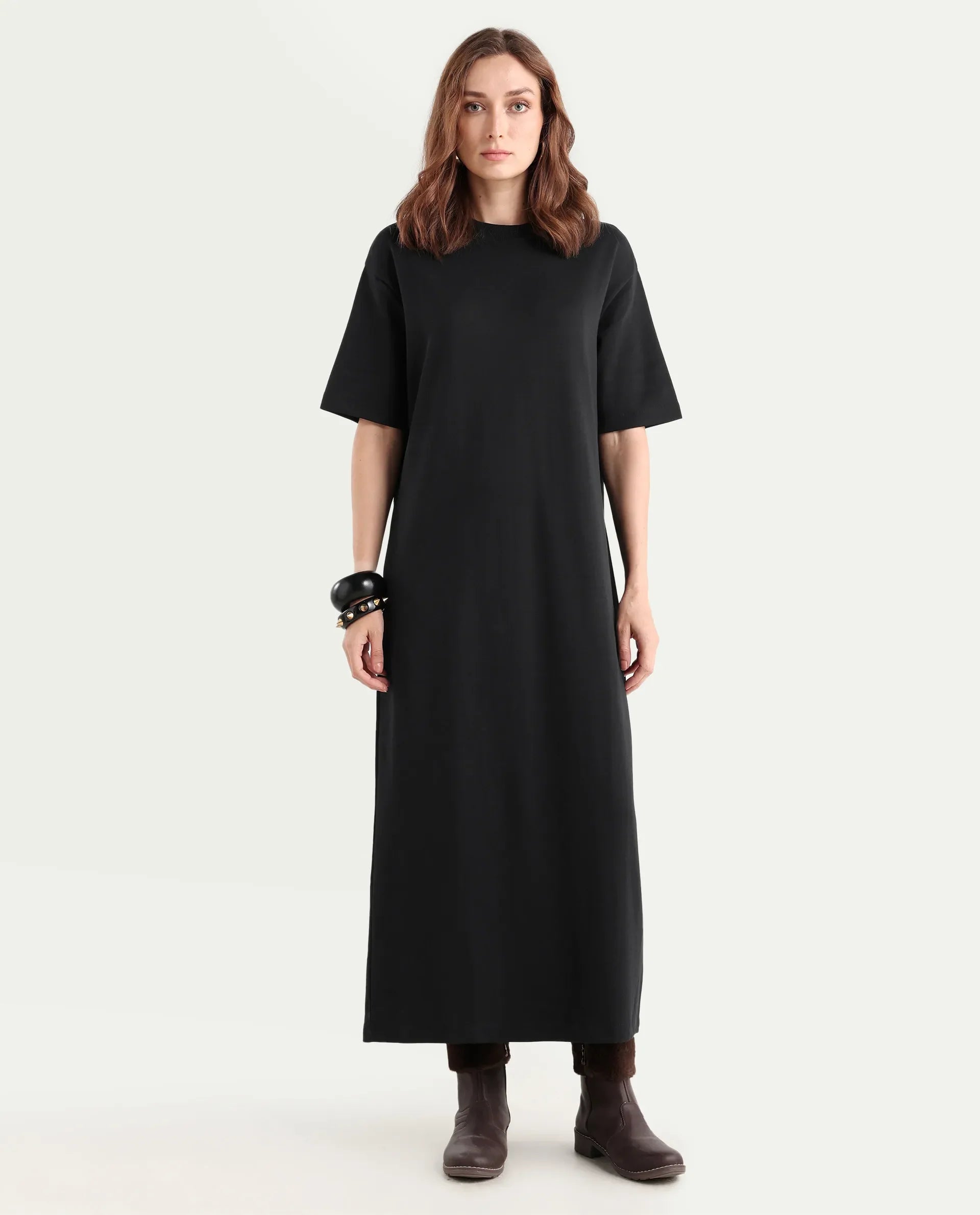 Rareism Women's Afrinca Black Cotton Blend Crew Neck Plain Maxi Relaxed Fit Dress