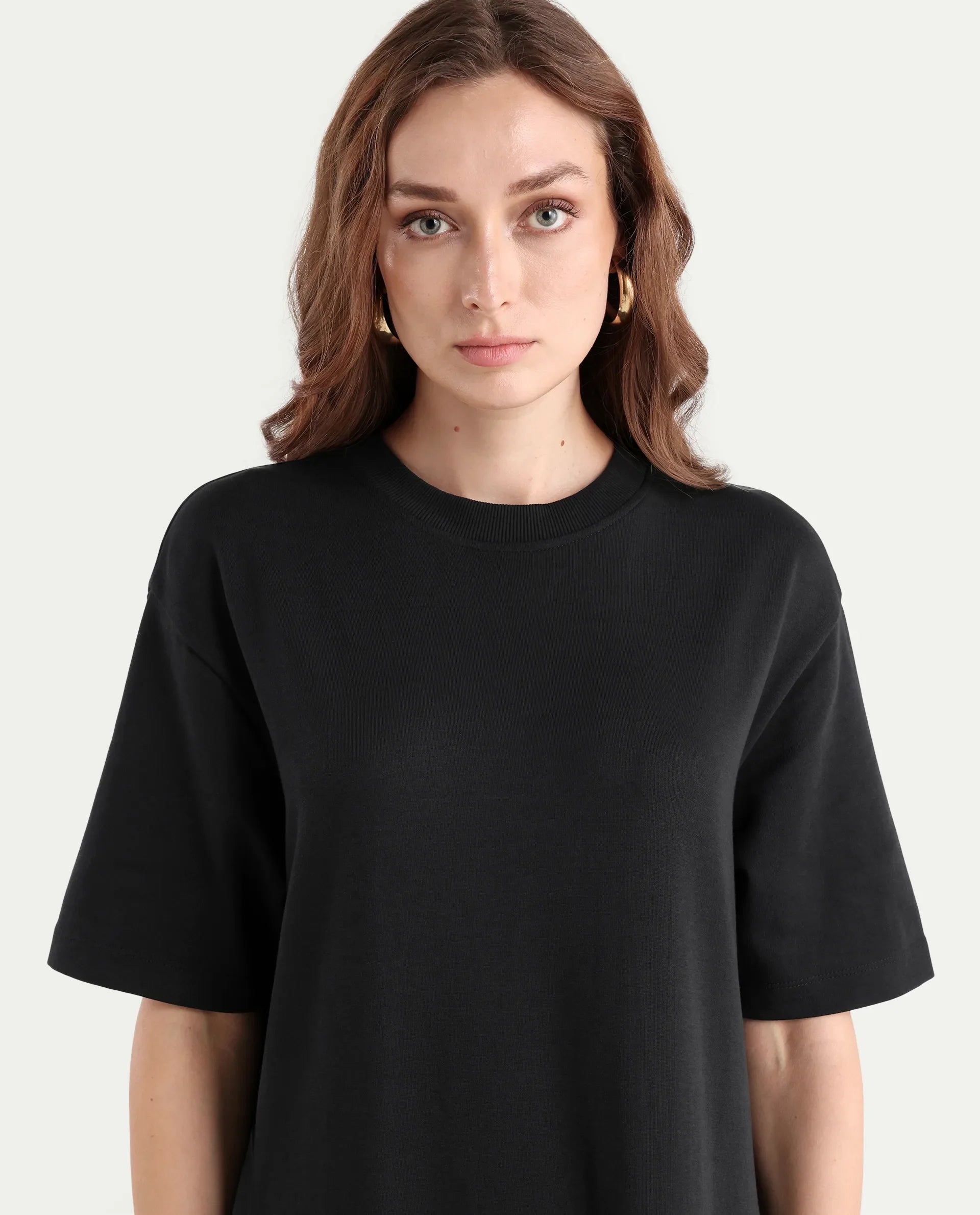 Rareism Women's Afrinca Black Cotton Blend Crew Neck Plain Maxi Relaxed Fit Dress