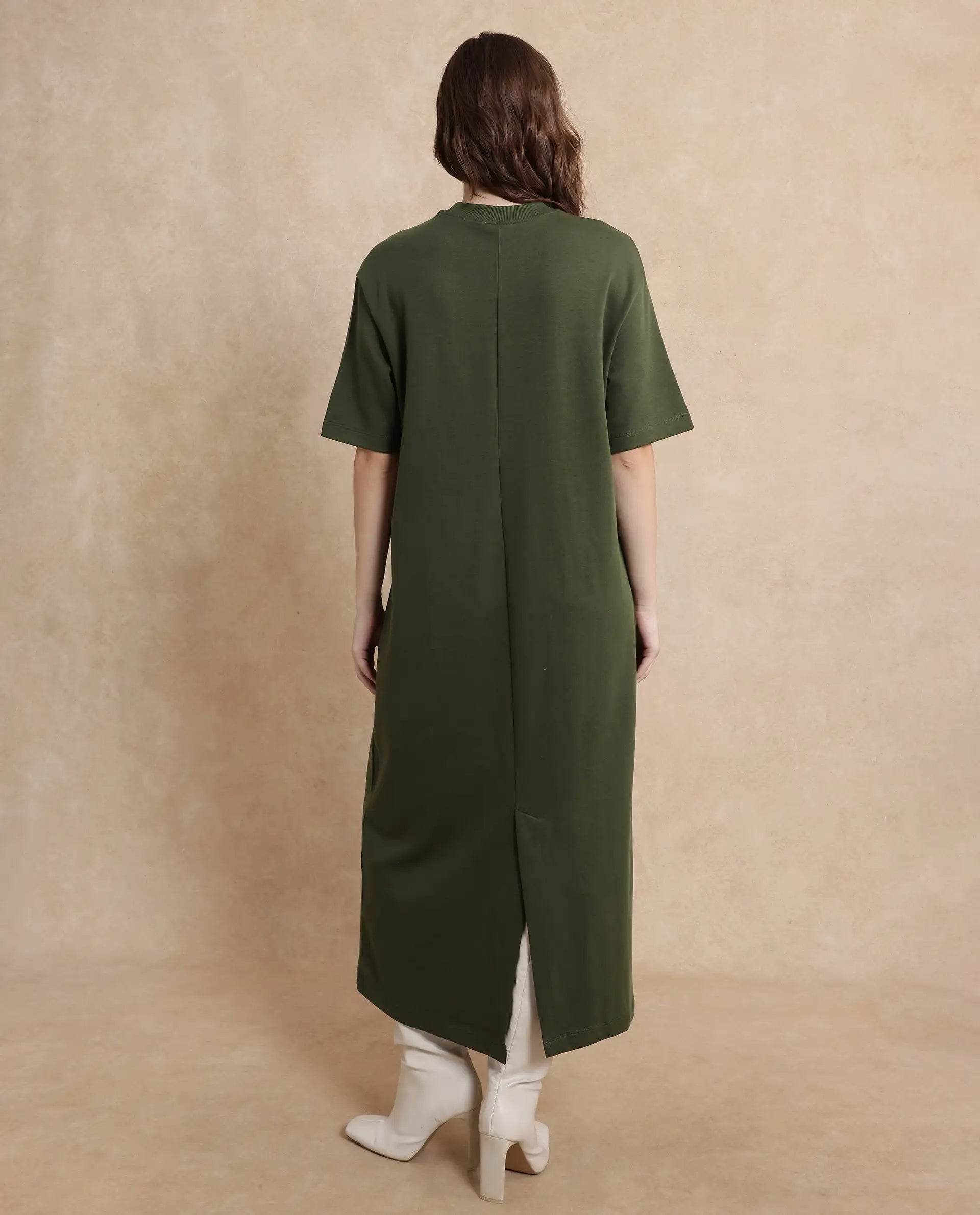 Rareism Women's Afrinca Olive Cotton Blend Crew Neck Plain Maxi Relaxed Fit Dress