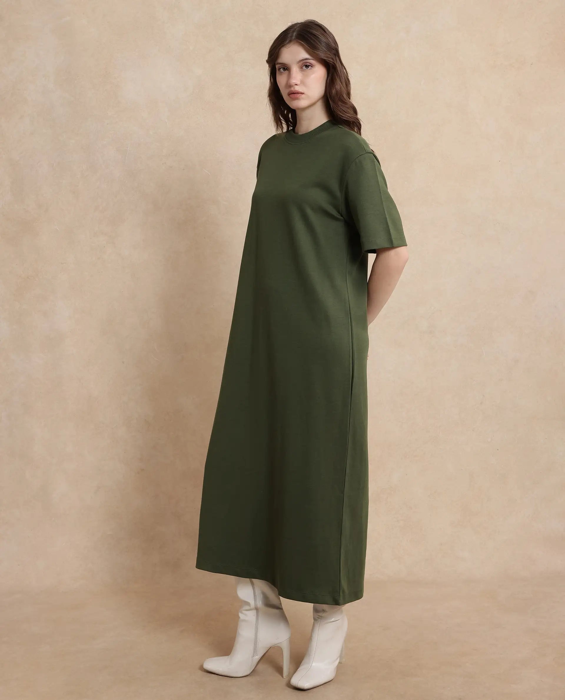 Rareism Women's Afrinca Olive Cotton Blend Fabric Crew Neck Half Sleeve Plain Relaxed Fit Maxi Dress