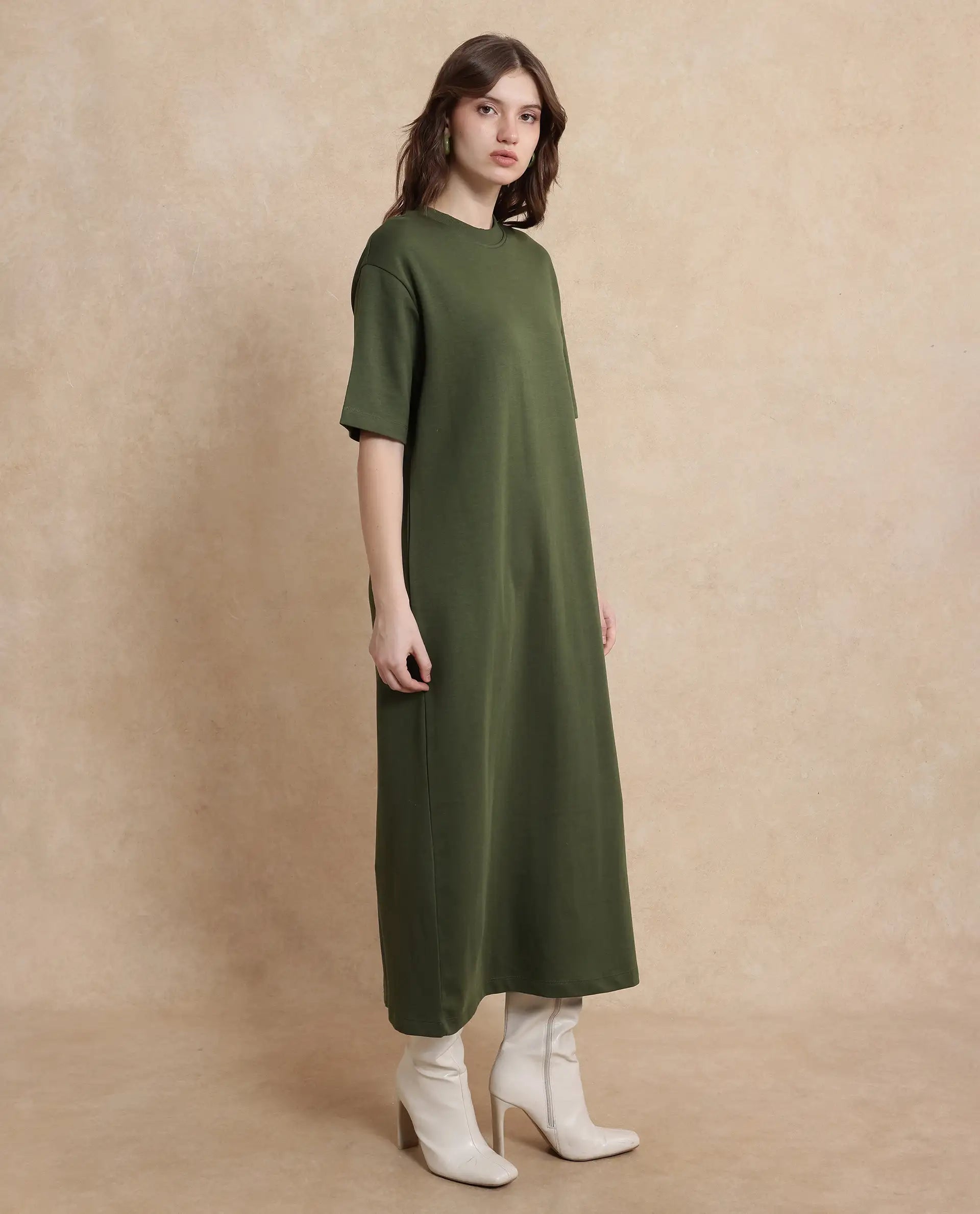 Rareism Women's Afrinca Olive Cotton Blend Crew Neck Plain Maxi Relaxed Fit Dress