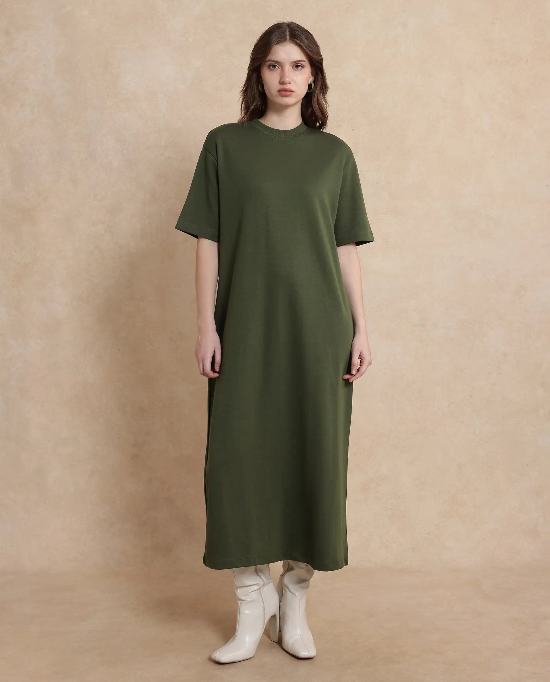 Rareism Women's Afrinca Olive Cotton Blend Fabric Crew Neck Half Sleeve Plain Relaxed Fit Maxi Dress