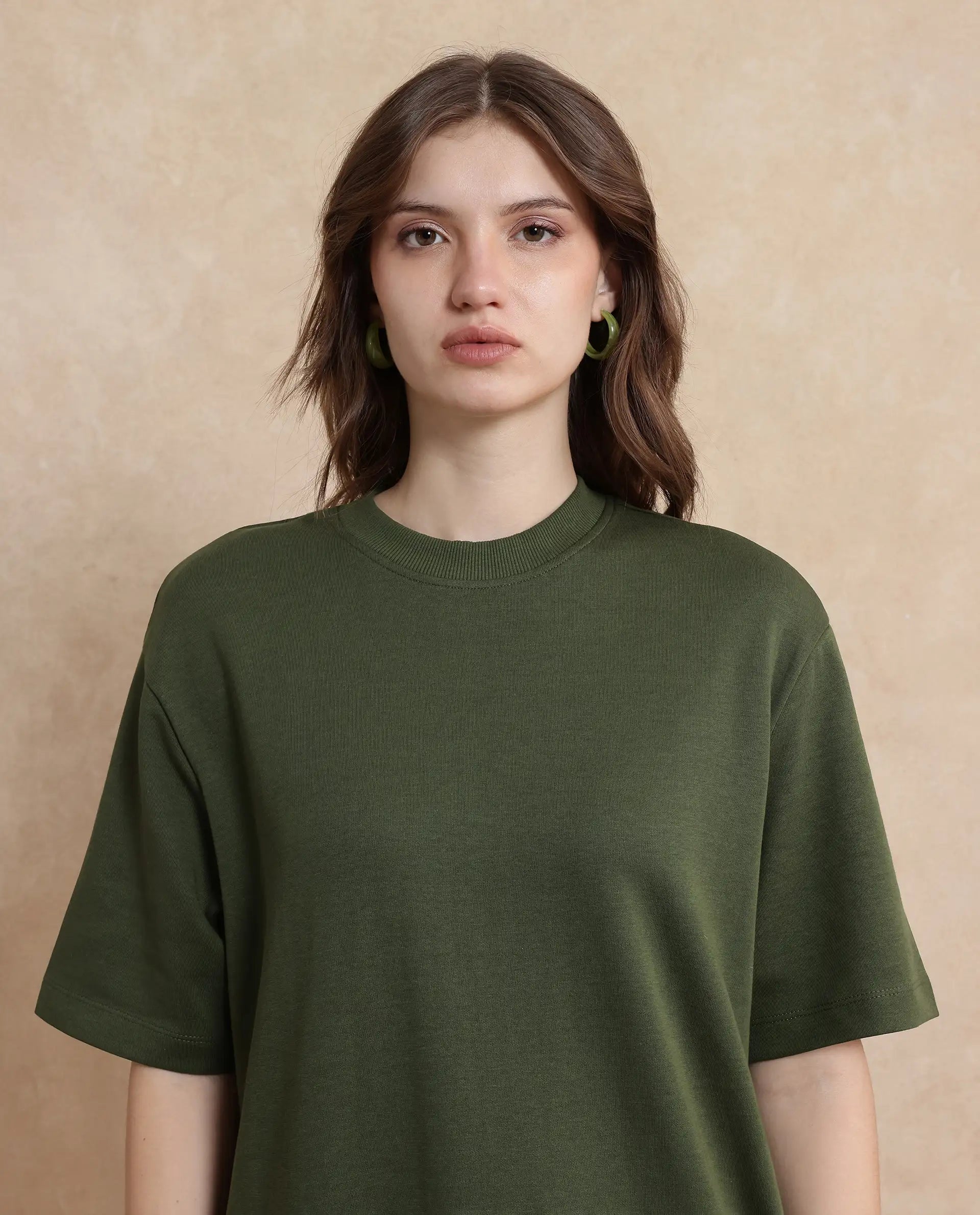 Rareism Women's Afrinca Olive Cotton Blend Fabric Crew Neck Half Sleeve Plain Relaxed Fit Maxi Dress