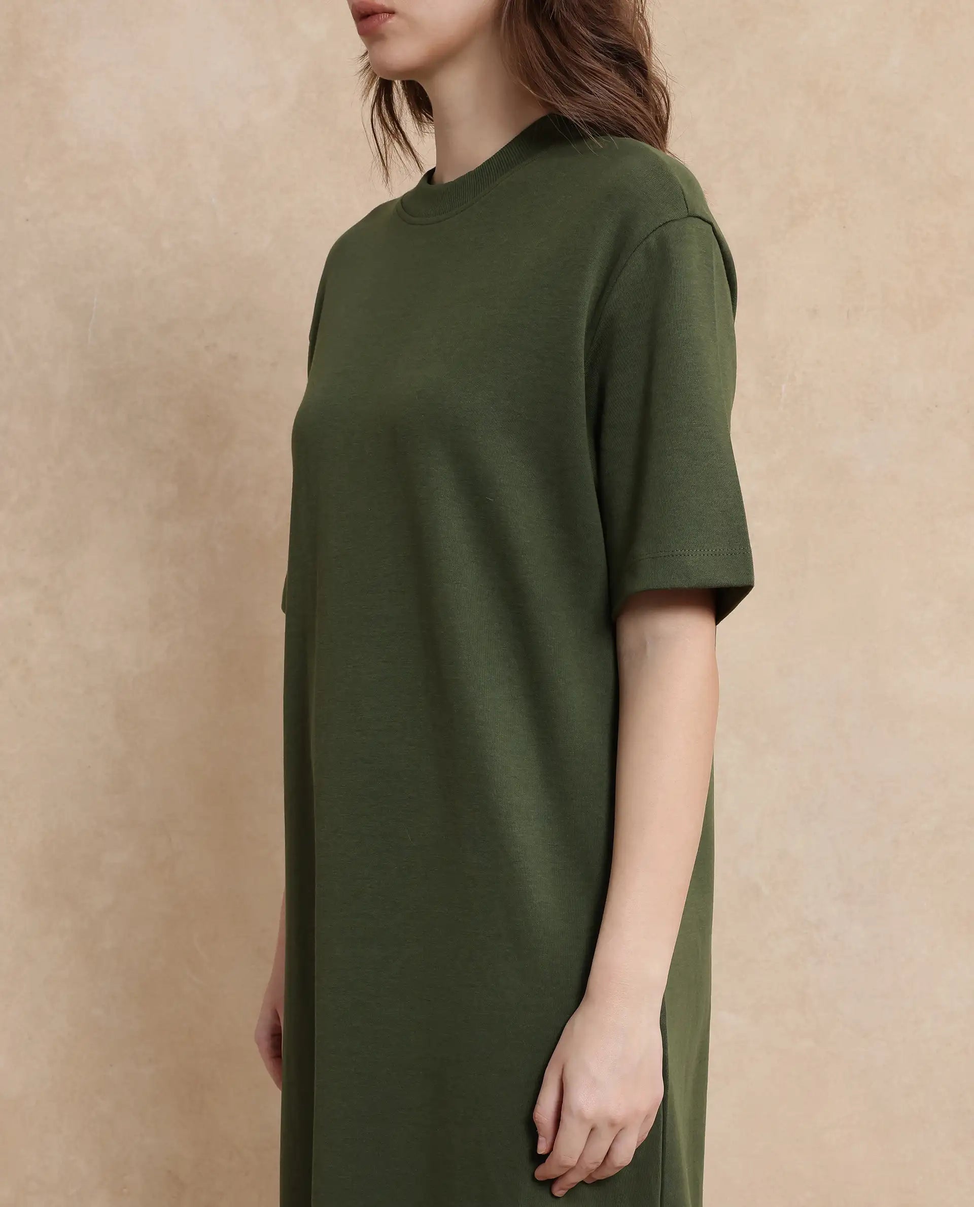 Rareism Women's Afrinca Olive Cotton Blend Crew Neck Plain Maxi Relaxed Fit Dress