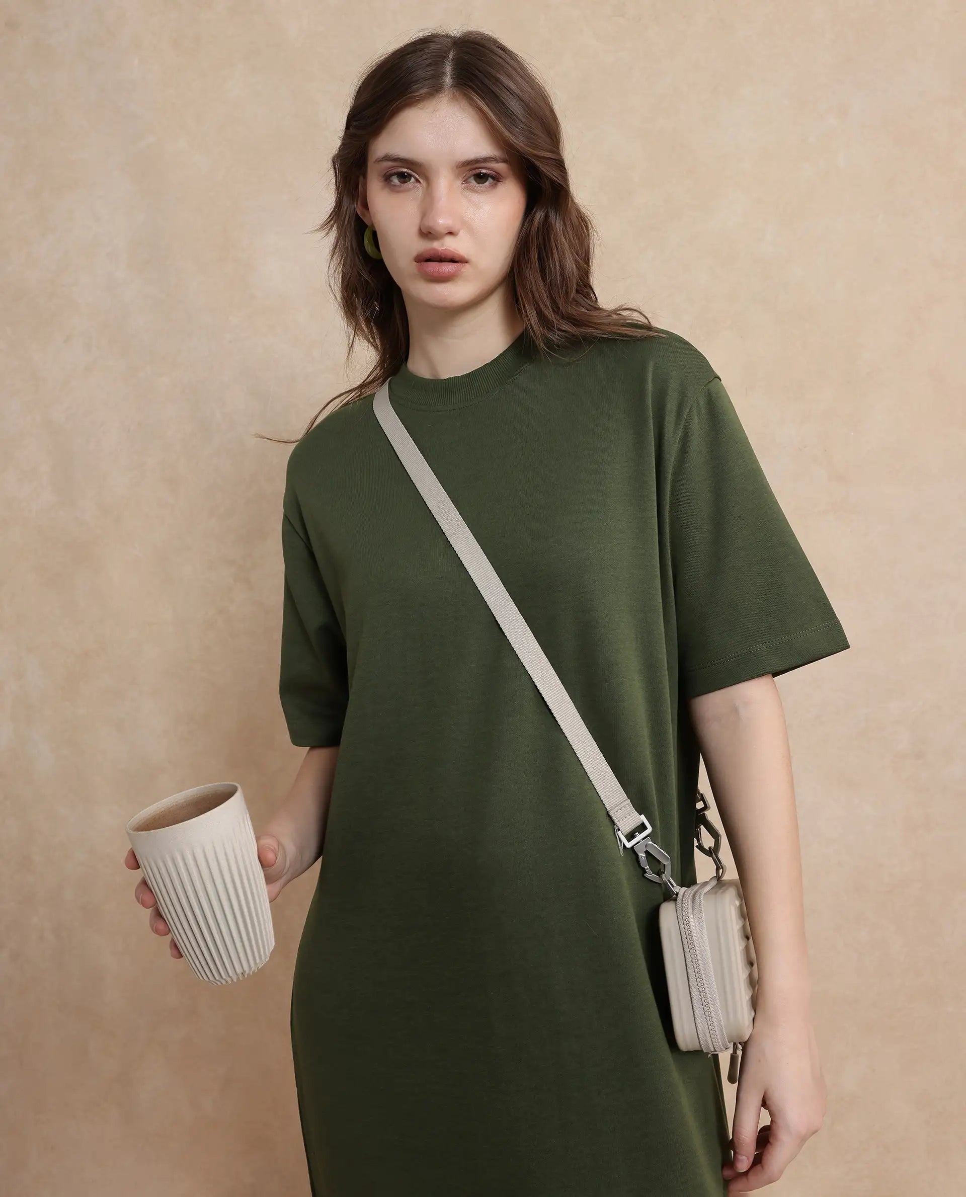 Rareism Women's Afrinca Olive Cotton Blend Crew Neck Plain Maxi Relaxed Fit Dress