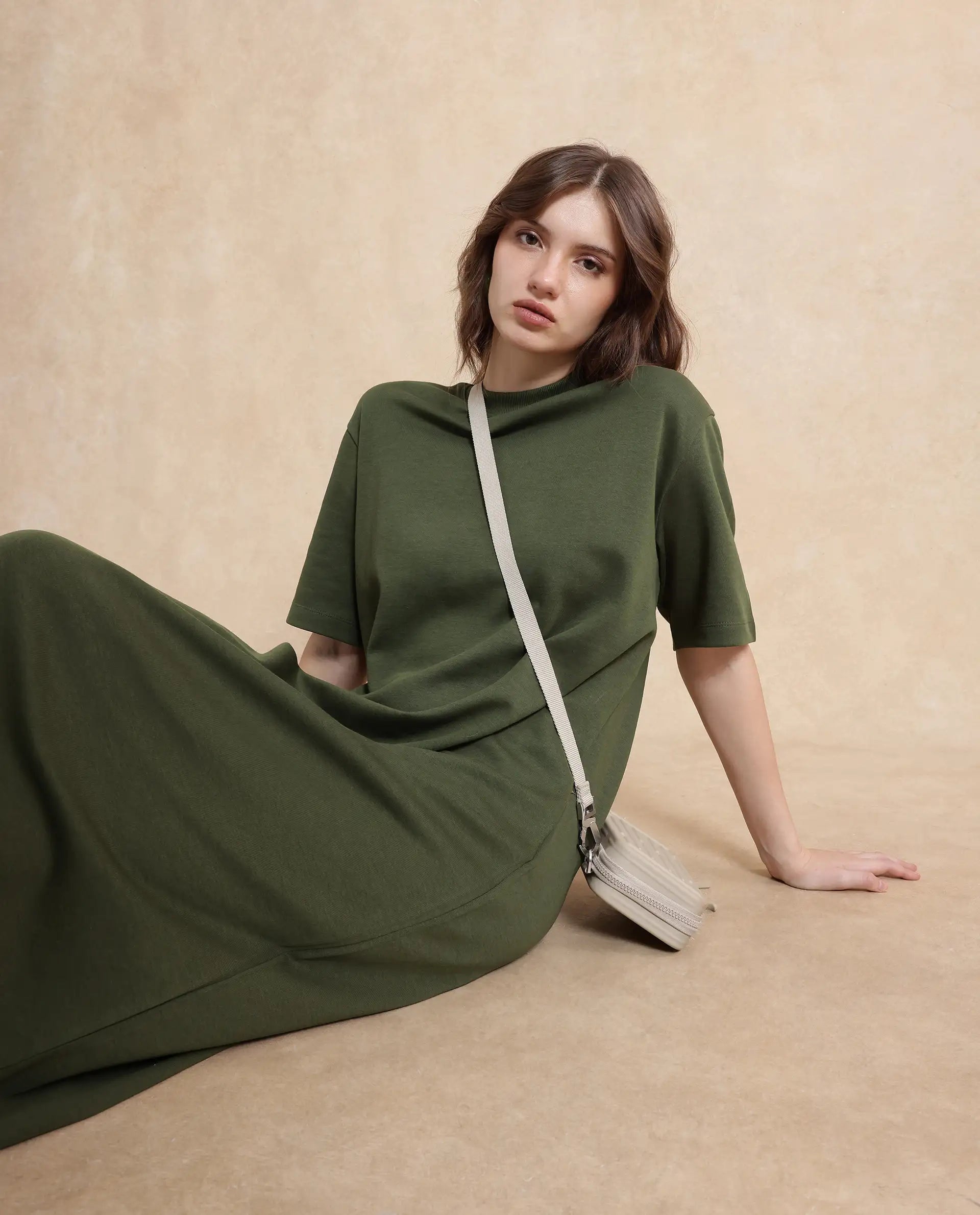 Rareism Women's Afrinca Olive Cotton Blend Fabric Crew Neck Half Sleeve Plain Relaxed Fit Maxi Dress