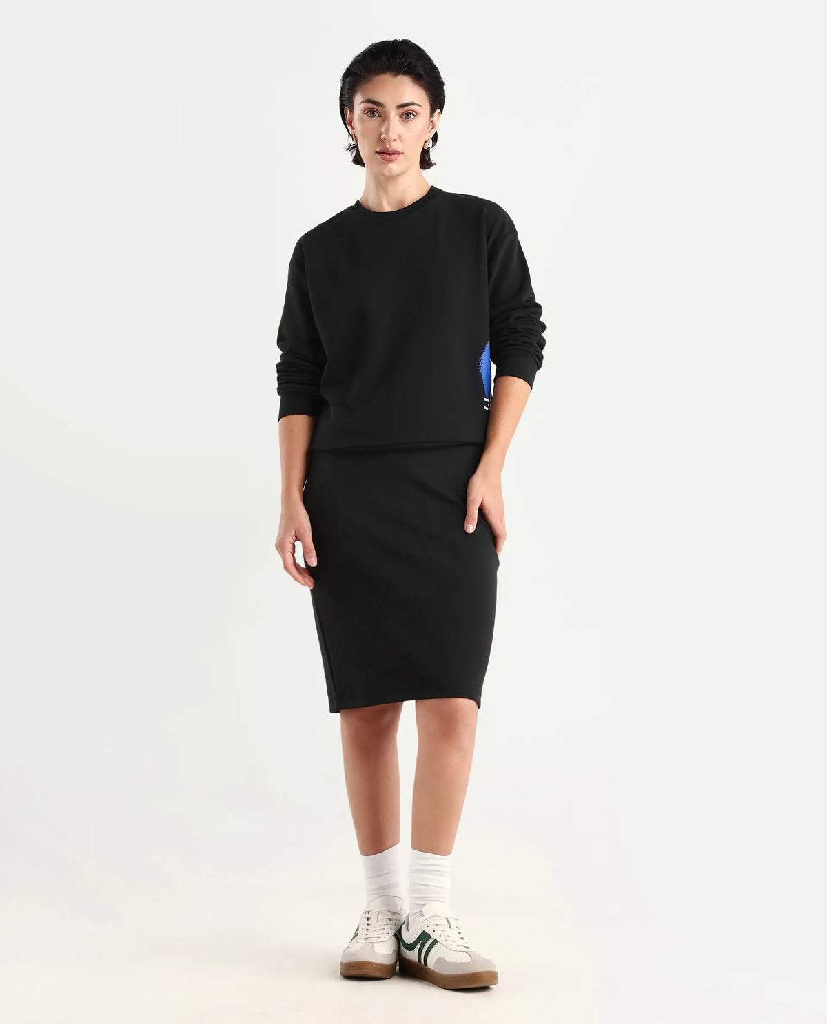 Rareism Women's Afsko B Black Cotton Plain Midi Straight Fit Skirt