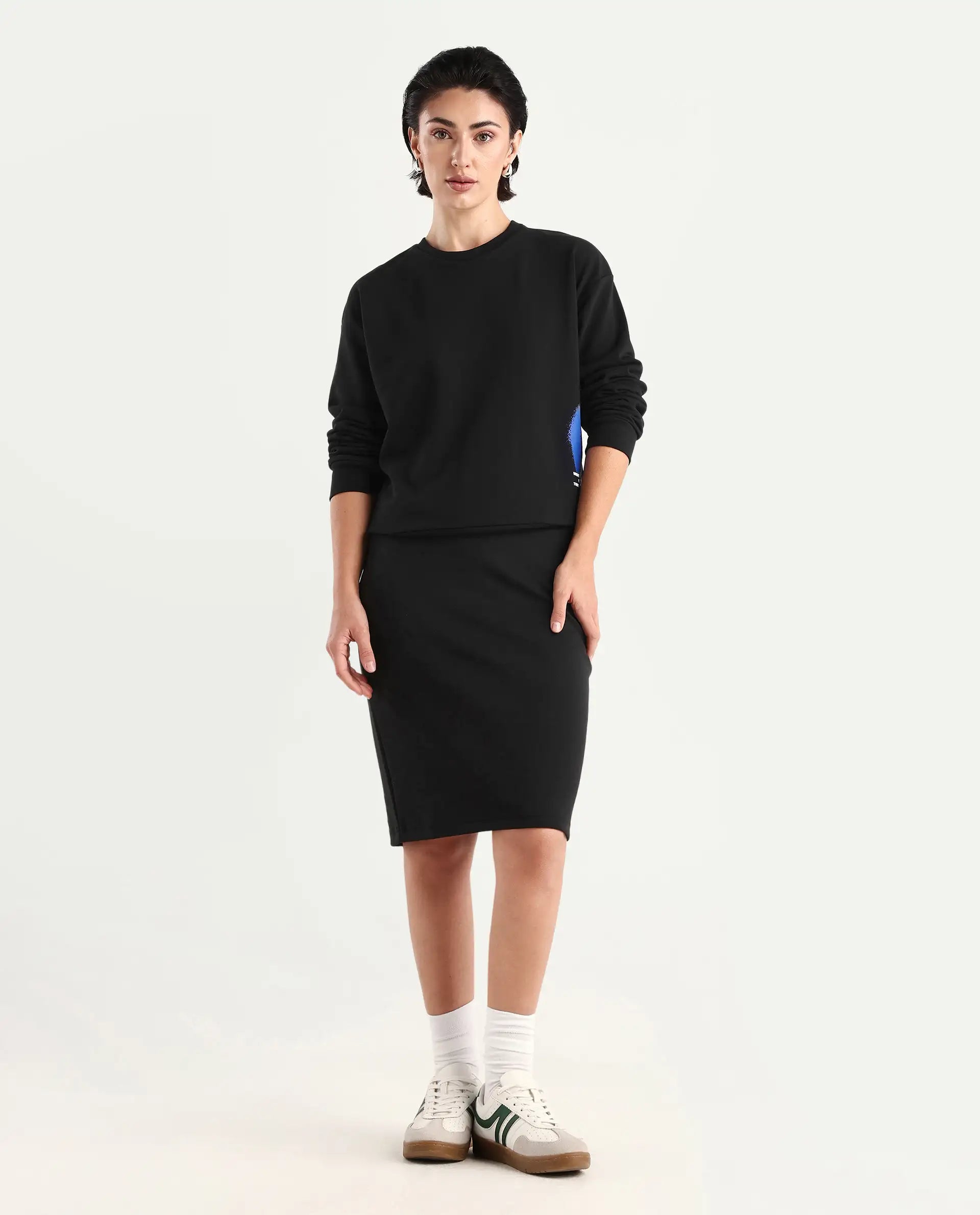 Rareism Women's Afsko B Black Cotton Plain Midi Straight Fit Skirt