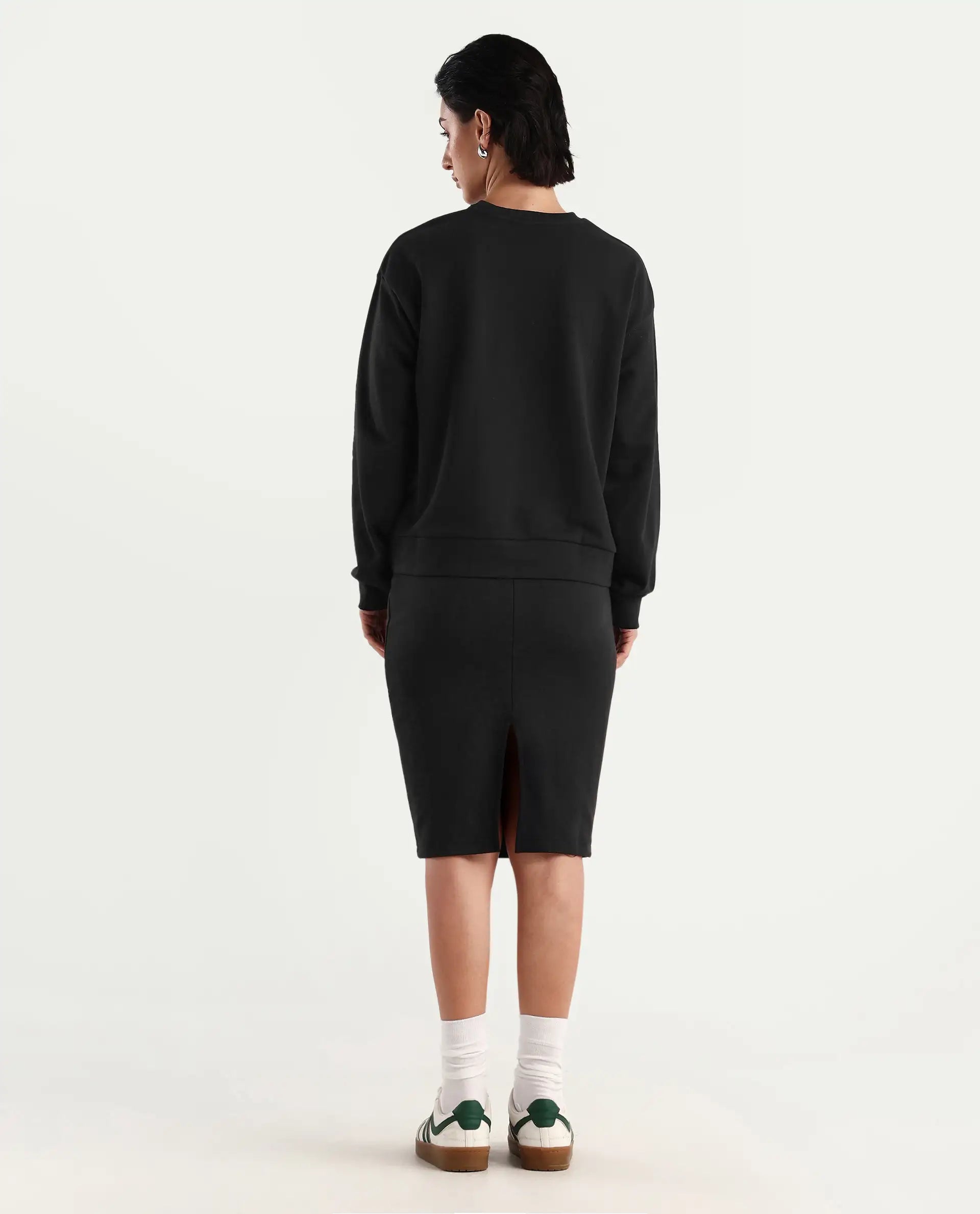 Rareism Women's Afsko B Black Cotton Plain Midi Straight Fit Skirt