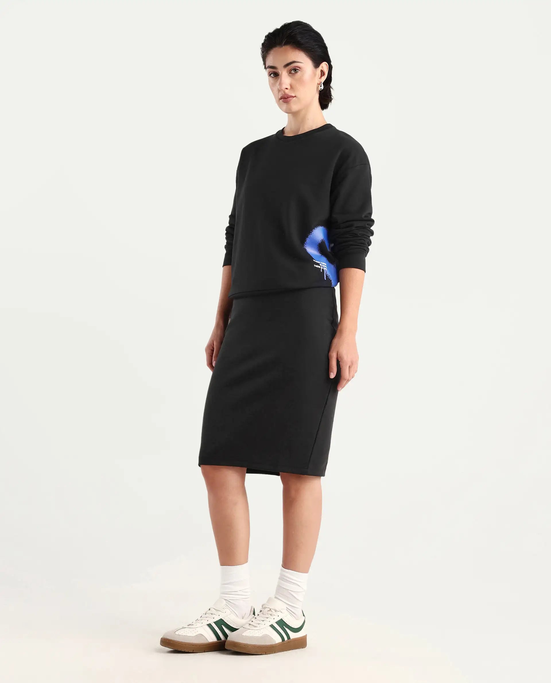 Rareism Women's Afsko B Black Cotton Plain Midi Straight Fit Skirt