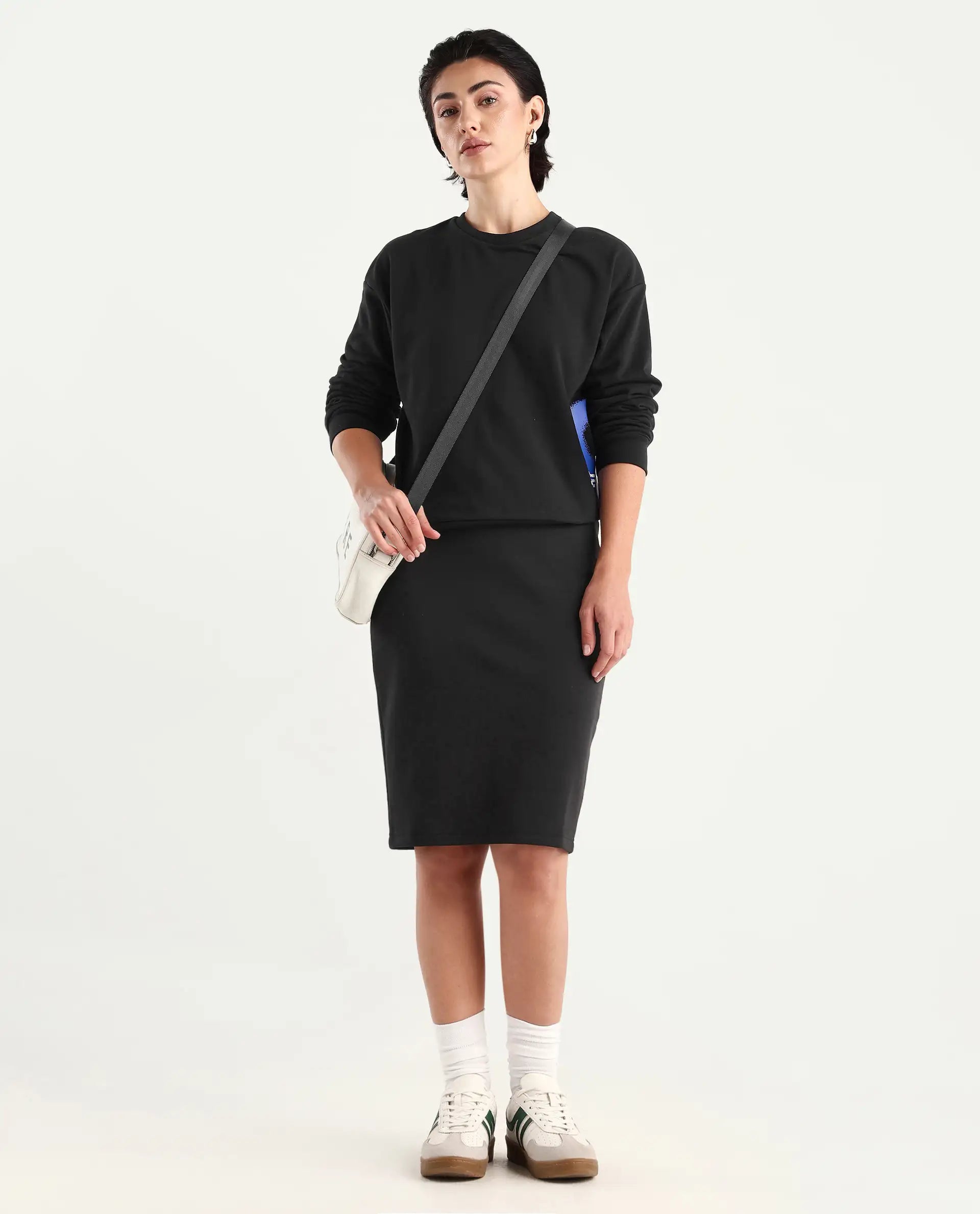 Rareism Women's Afsko B Black Cotton Plain Midi Straight Fit Skirt
