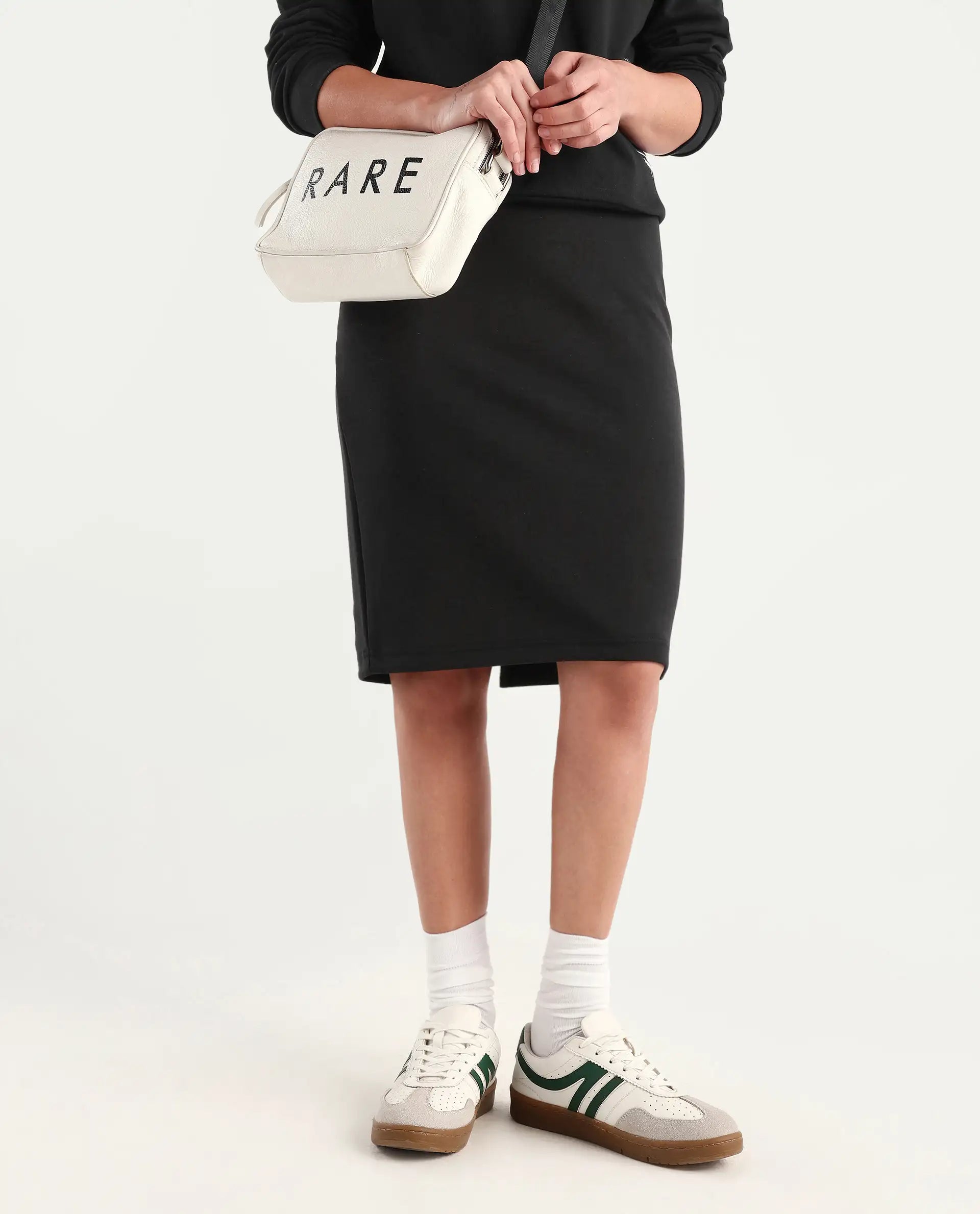 Rareism Women's Afsko B Black Cotton Plain Midi Straight Fit Skirt