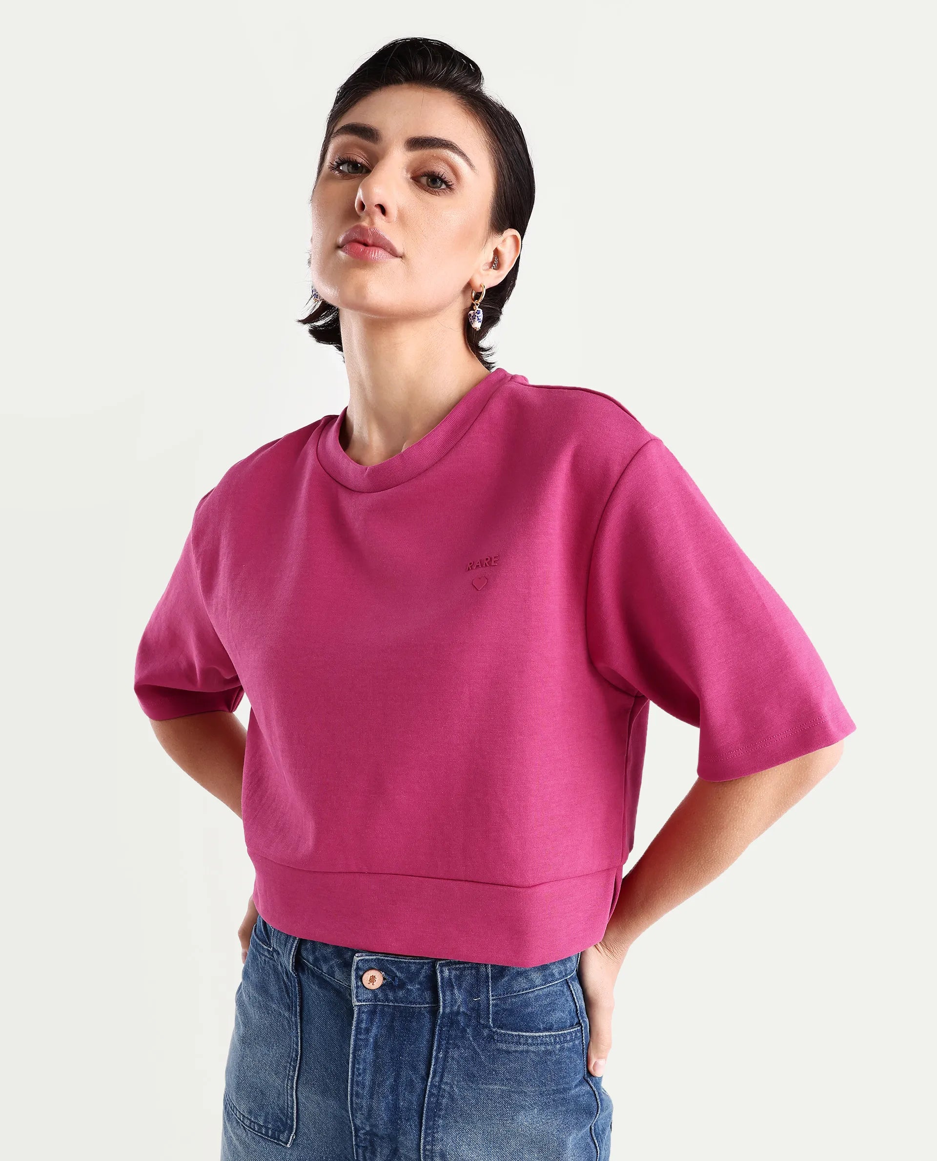 Rareism Women's Aftok T Pink Linen Crew Neck Plain Crop Regular Fit T-Shirt