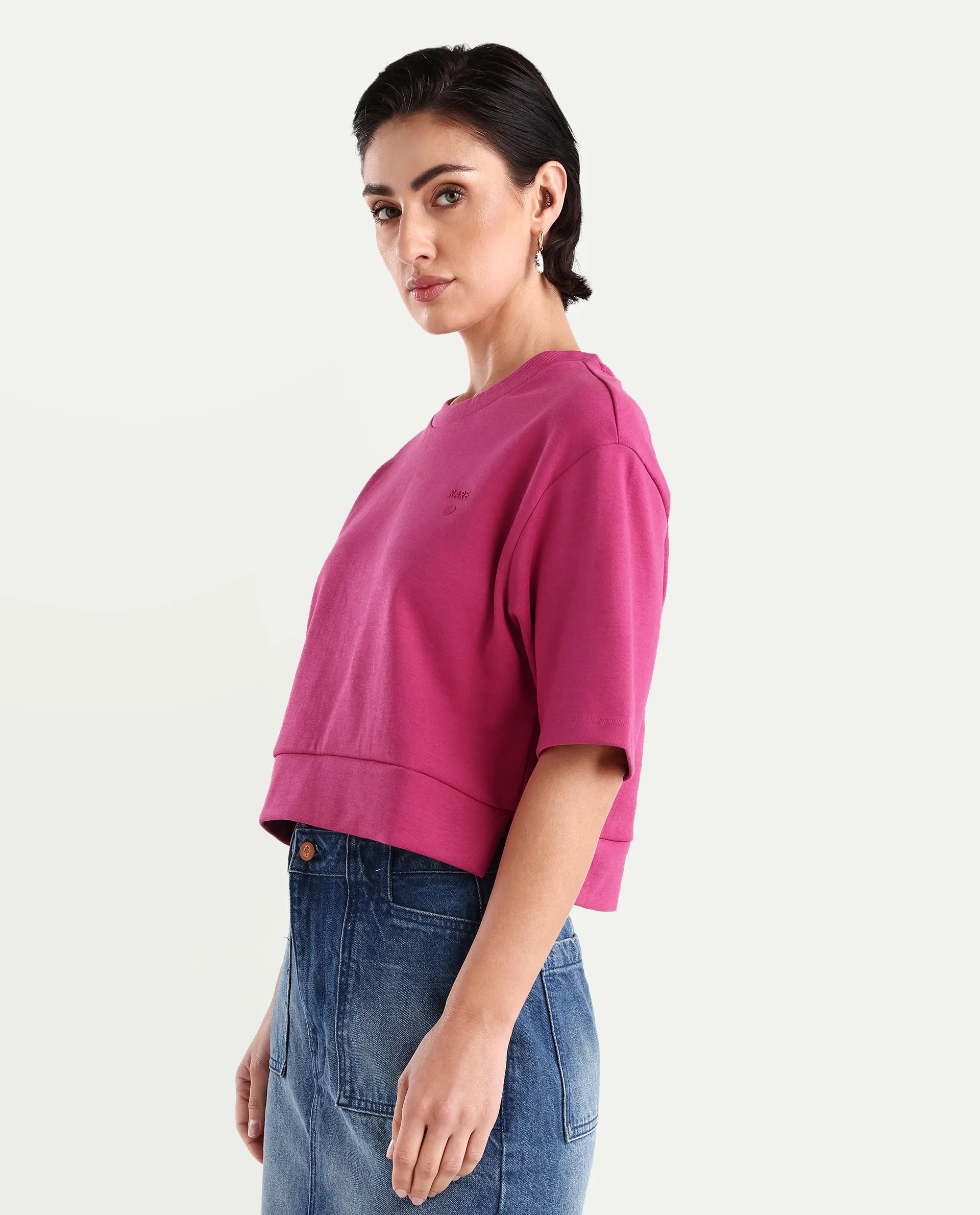 Rareism Women's Aftok T Pink Linen Crew Neck Plain Crop Regular Fit T-Shirt