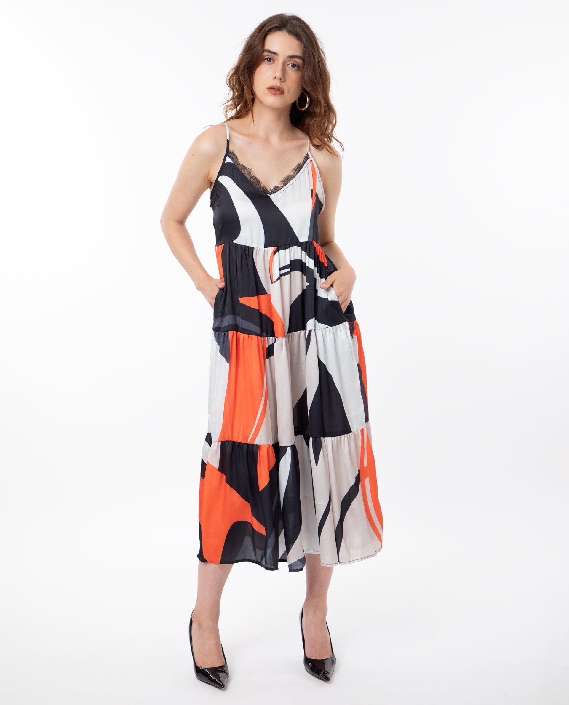 Rareism Women Agans Multi Polyester Fabric Sleeveless Tie-Up Closure V-Neck Shoulder Straps Regular Fit Abstract Print Maxi Tiered Dress