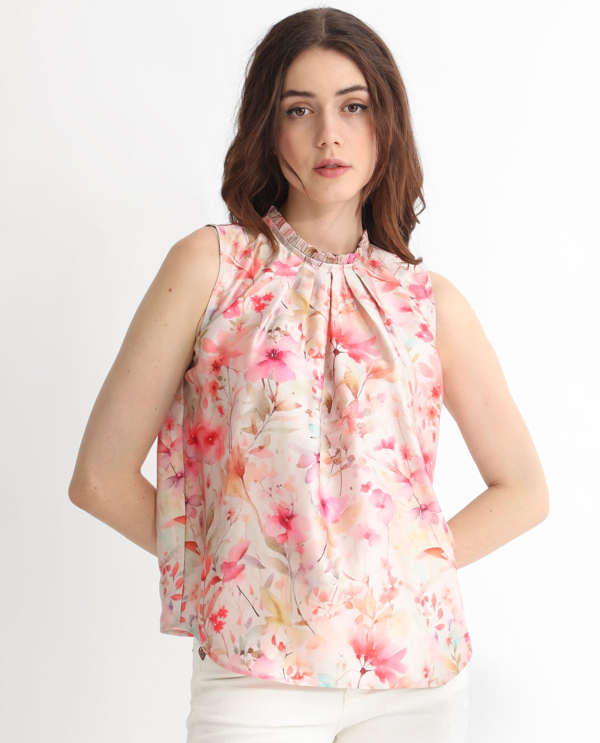Rareism Women Agaro Multi Polyester Fabric Relaxed Fit Ruffled Neck Sleeveless Floral Print Top