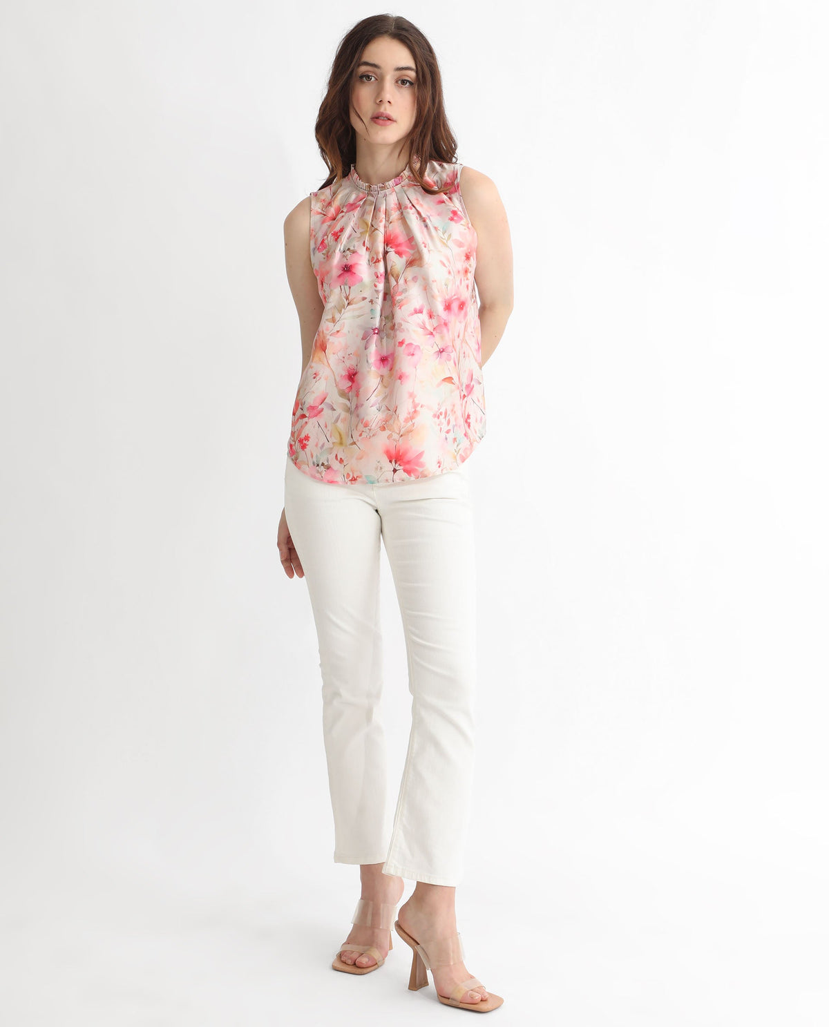 Rareism Women Agaro Multi Polyester Fabric Relaxed Fit Ruffled Neck Sleeveless Floral Print Top