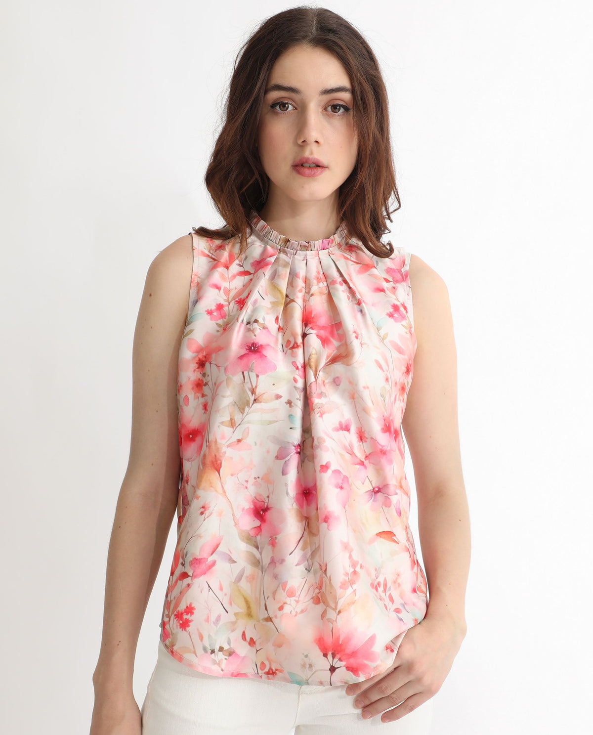 Rareism Women Agaro Multi Polyester Fabric Relaxed Fit Ruffled Neck Sleeveless Floral Print Top