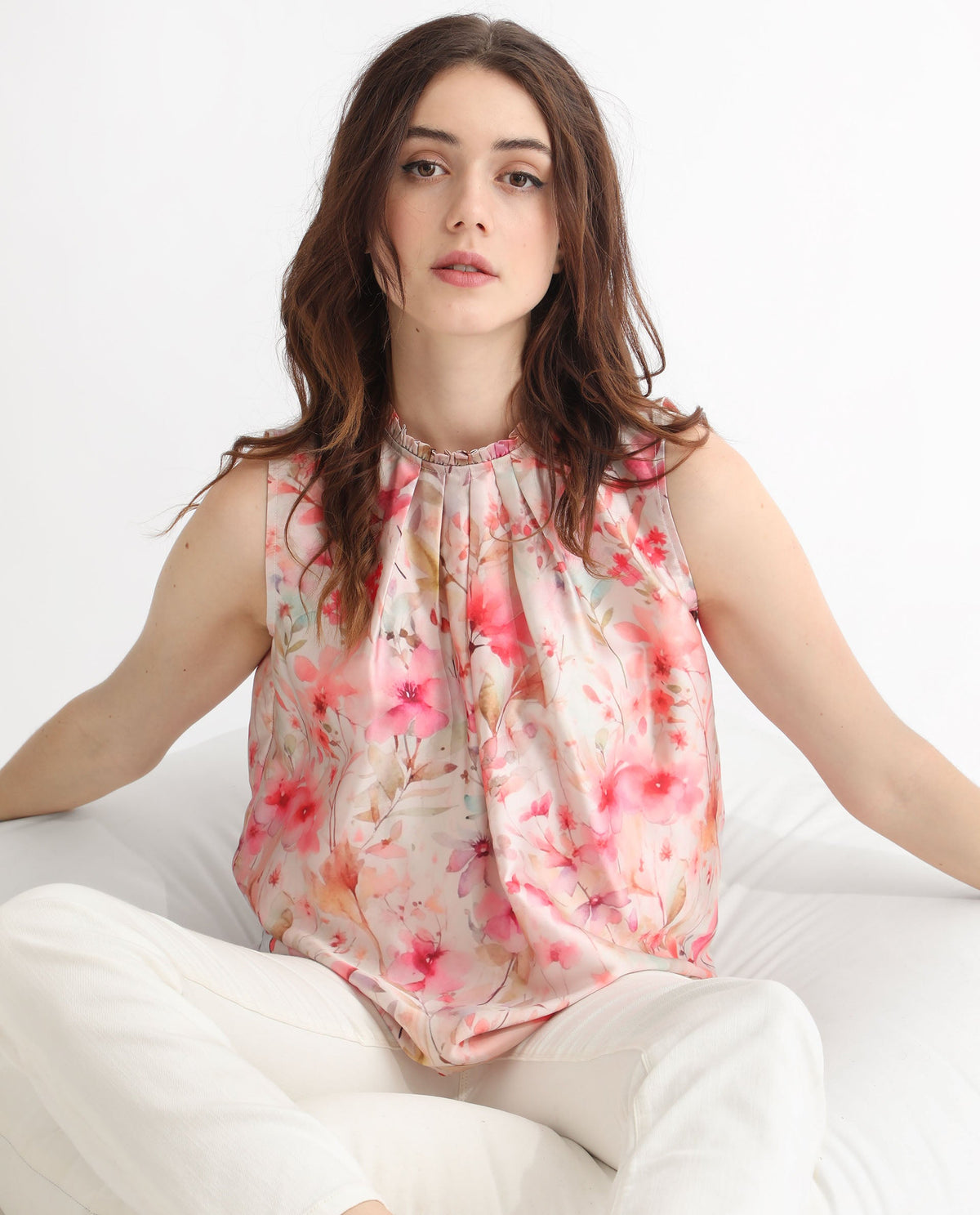 Rareism Women Agaro Multi Polyester Fabric Relaxed Fit Ruffled Neck Sleeveless Floral Print Top
