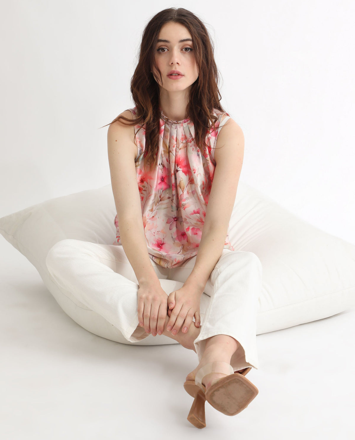 Rareism Women Agaro Multi Polyester Fabric Relaxed Fit Ruffled Neck Sleeveless Floral Print Top