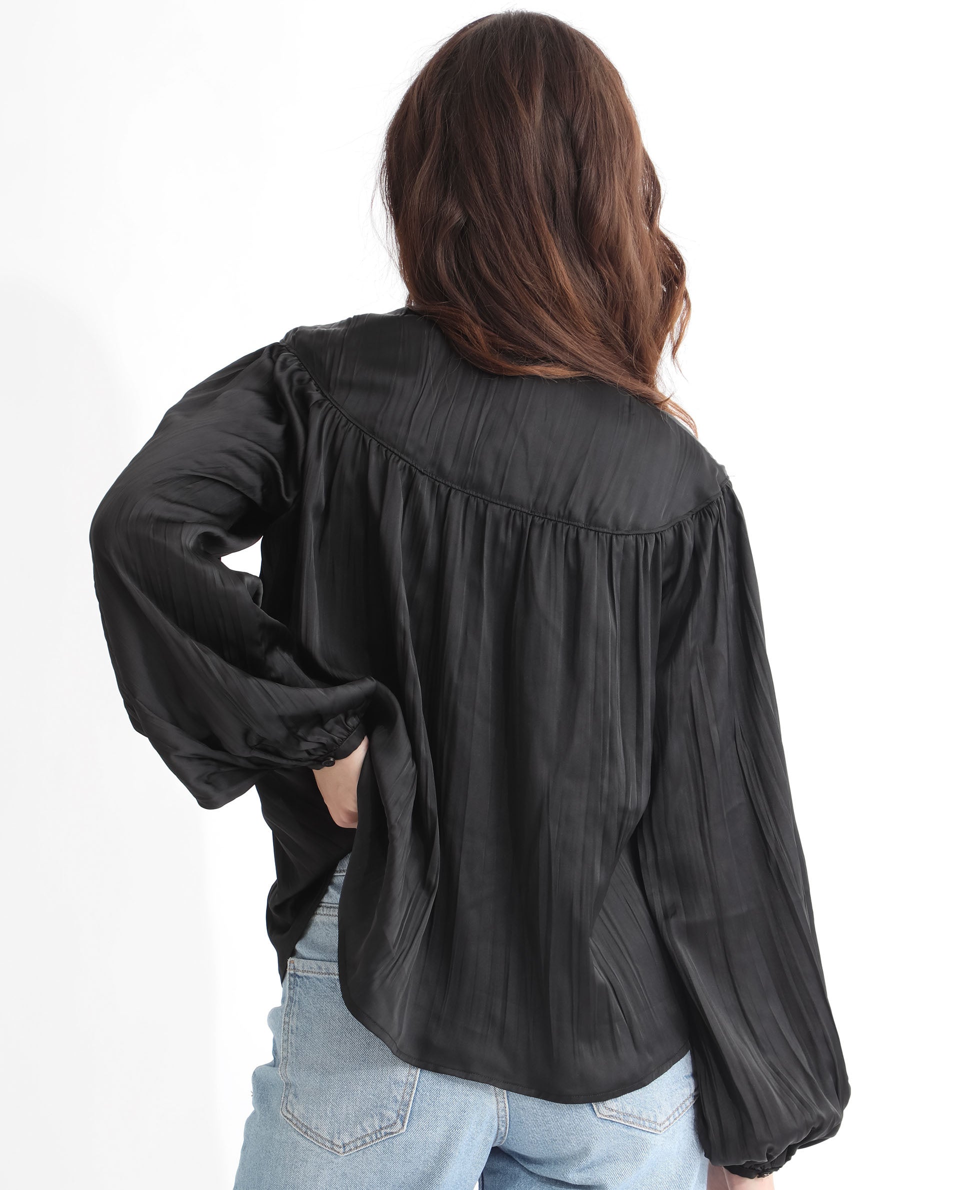 Rareism Women's Agathe Black Polyester Tie-Up Neck Plain Balloon Sleeve Relaxed Fit Top